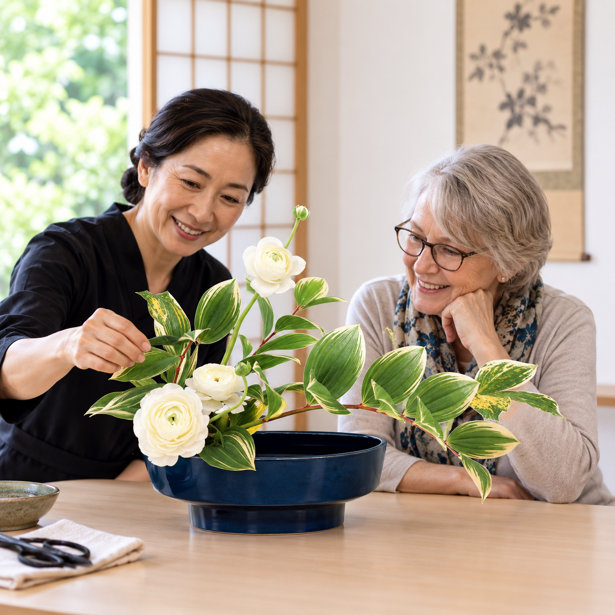 Two women learning ikebana with a white floral arrangement in a blue container