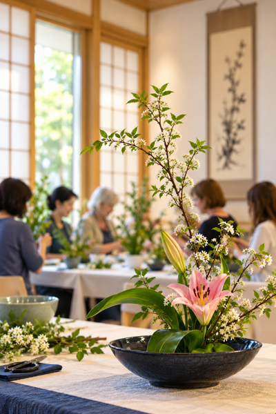 Ikebana arrangement with flowering branches and pink lilies at a community ikebana workshop.
