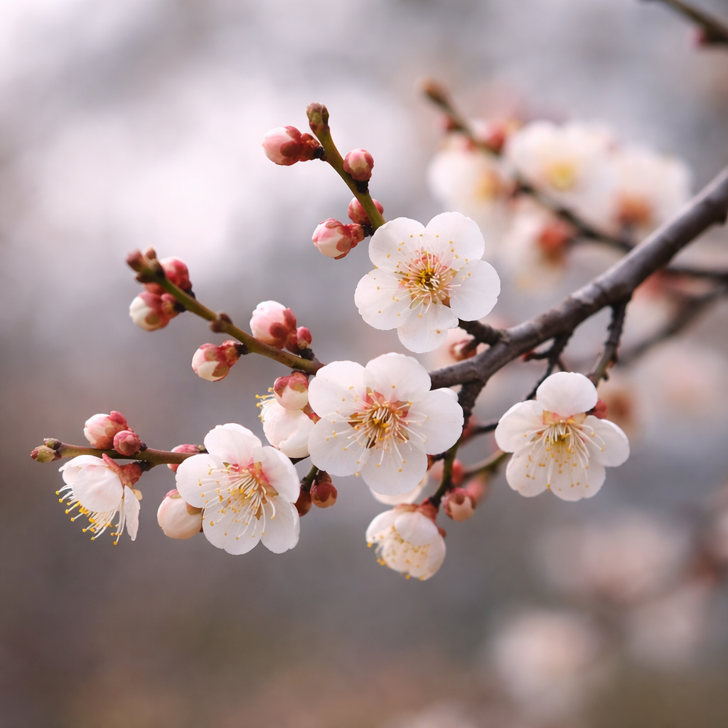 Close-up of plum blossom (ume) flowers and buds on a dark, leafless branch in late winter, symbolizing resilience and the approach of early spring.
