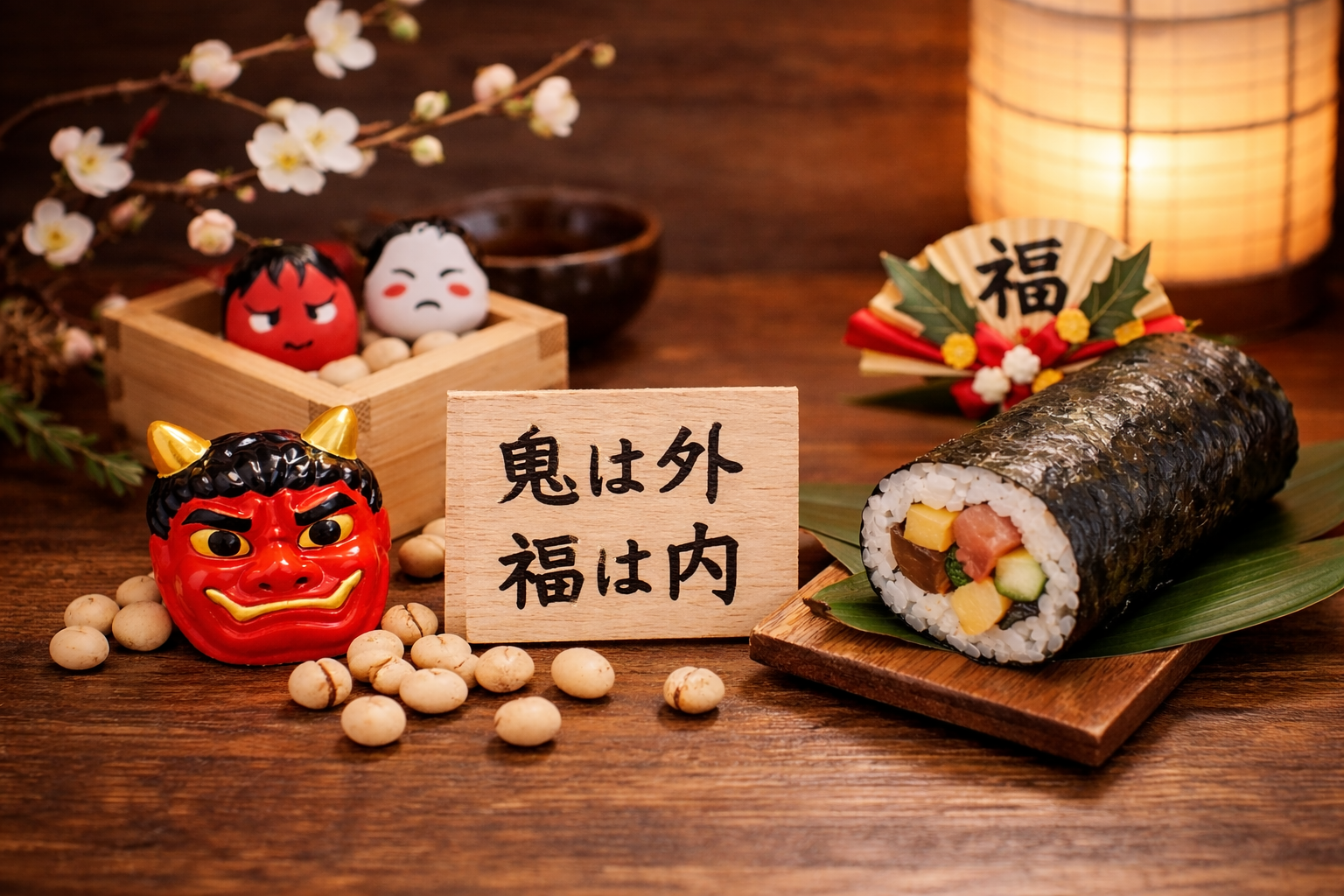 Traditional Setsubun scene with roasted soybeans, an oni mask, a sign reading “Oni wa soto, fuku wa uchi,” and an ehō-maki sushi roll.