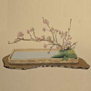 Illustration of a Moribana Kansui-kei (Water-Reflecting Moribana) arrangement by Houn Ohara, circa 1951