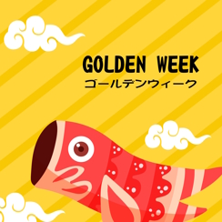 Golden Week banner featuring a stylized red koi fish, yellow striped background, and Japanese text reading ‘Golden Week