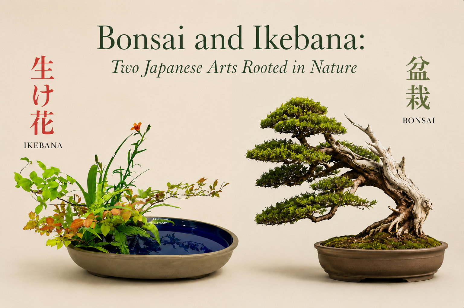 Side-by-side comparison showing an Ohara School ikebana arrangement created during an Ohara Ryu Ikebana workshop at the Heritage Museum of Asian Art in Chicago, paired with a close-up detail image highlighting the arrangement’s lines, flowers, and natural textures.