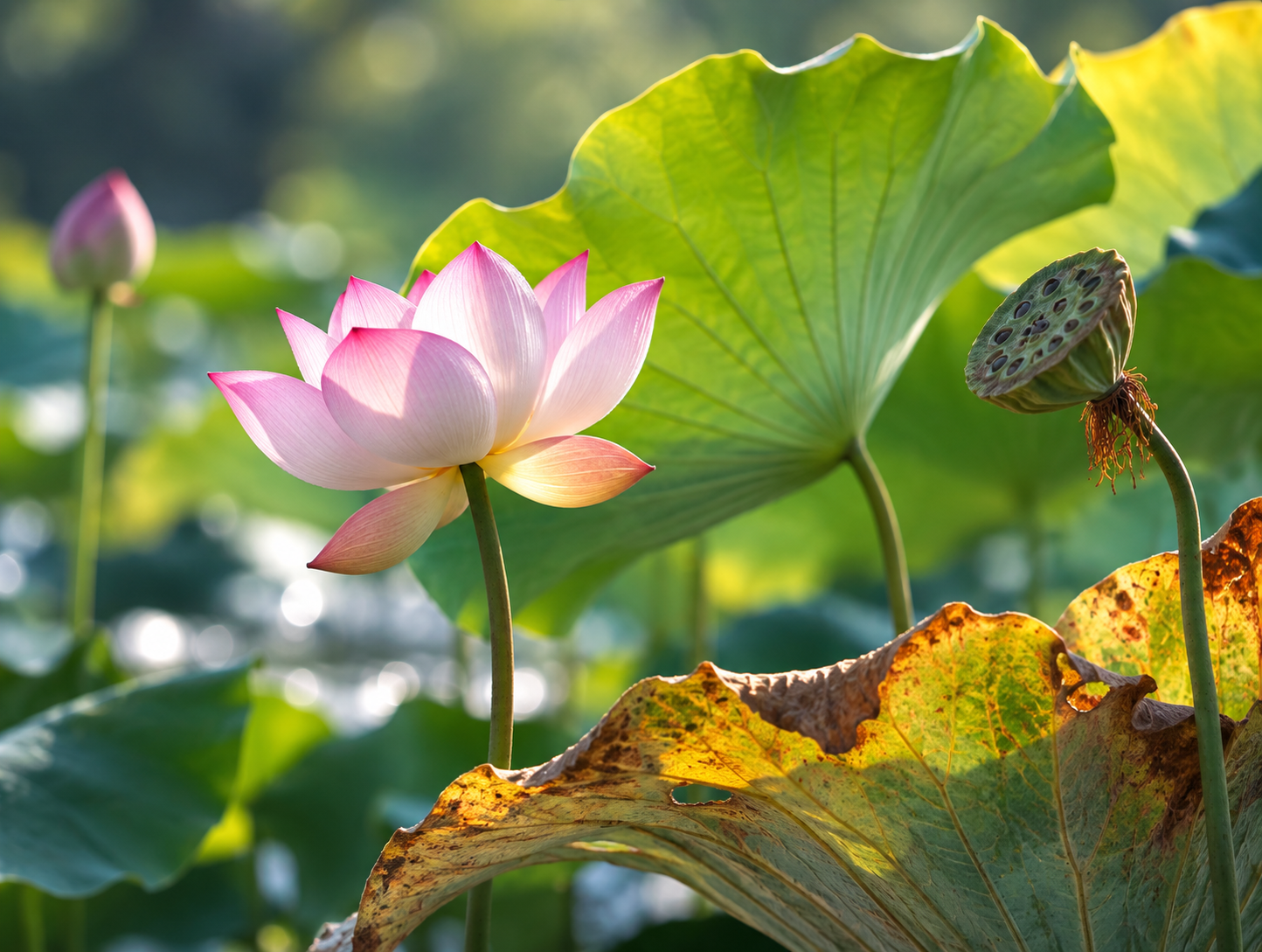 Pink lotus blossom, seedpod, and aging leaves showing the beauty of seasonal change.