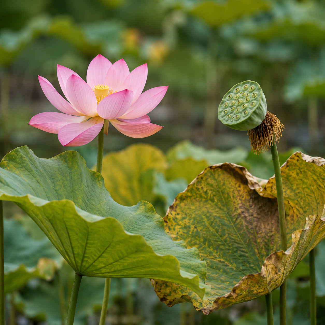 Pink lotus blossom, seedpod, and aging leaves showing the beauty of seasonal change.