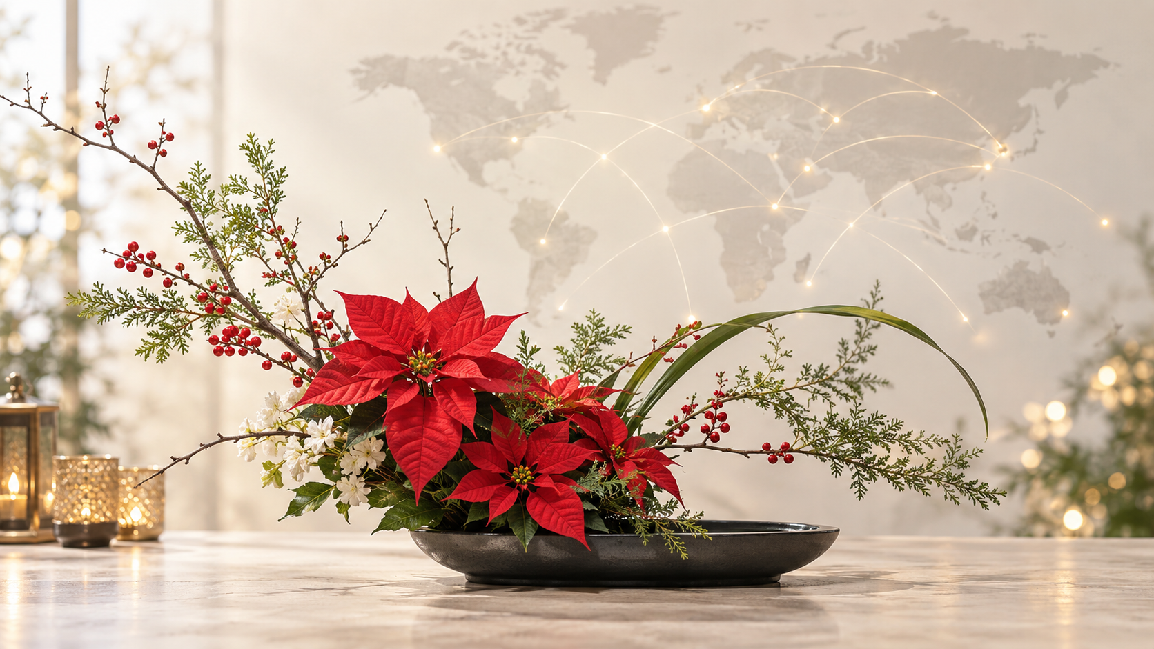 Poinsettia ikebana arrangement with red poinsettias, winter berries, evergreen foliage, and white flowers.