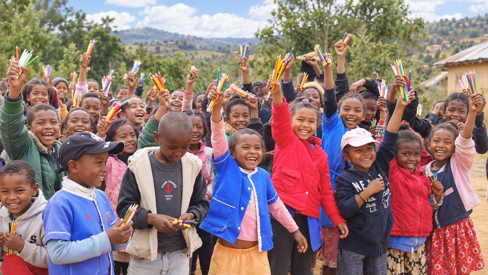 Children in Madagascar holding colorful pencils donated through an international ikebana community project supporting education and shared happiness.