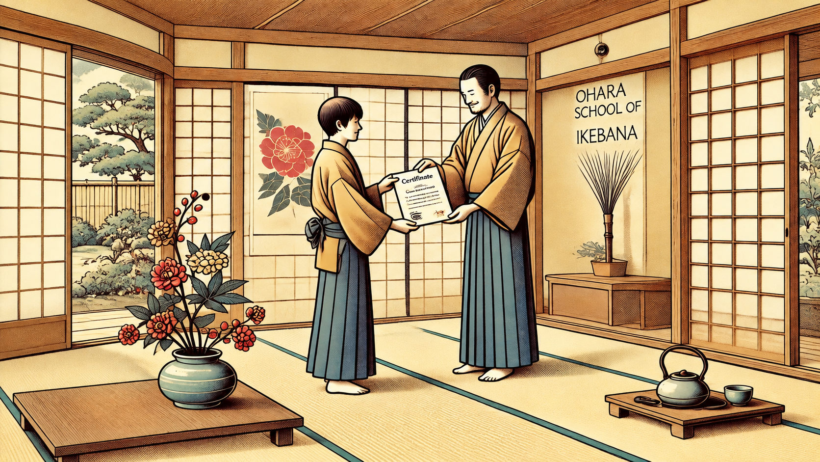 Ohara School of Ikebana teacher presenting a certificate to a student in a traditional Japanese room, representing the structured curriculum and progression of Ohara Ikebana study.