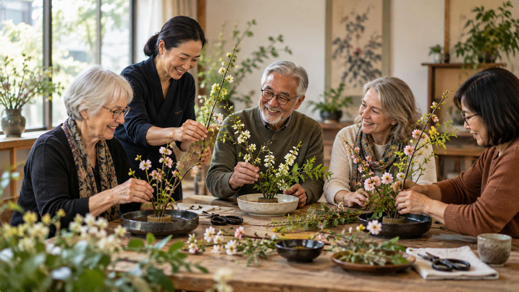 A multigenerational group of women creating ikebana arrangements together, sharing flowers, branches, creativity, and conversation around a table.