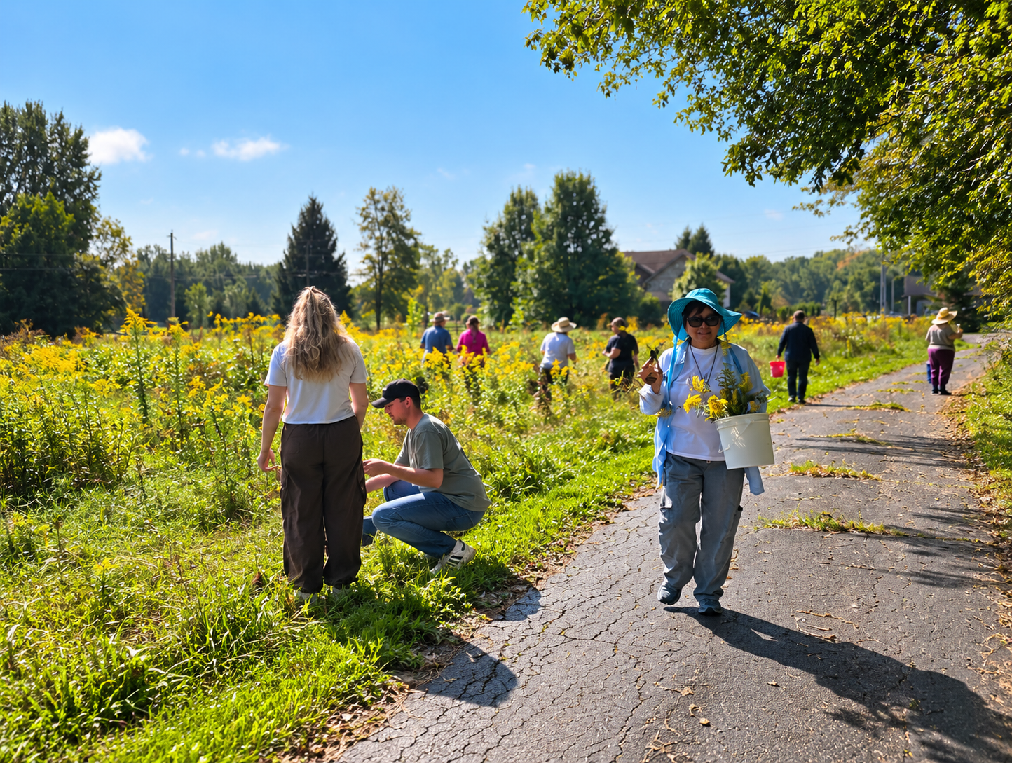 Central Ohio Ohara Ikebana students gathering plant materials outdoors for a Moribana lesson in Ostrander, Ohio.