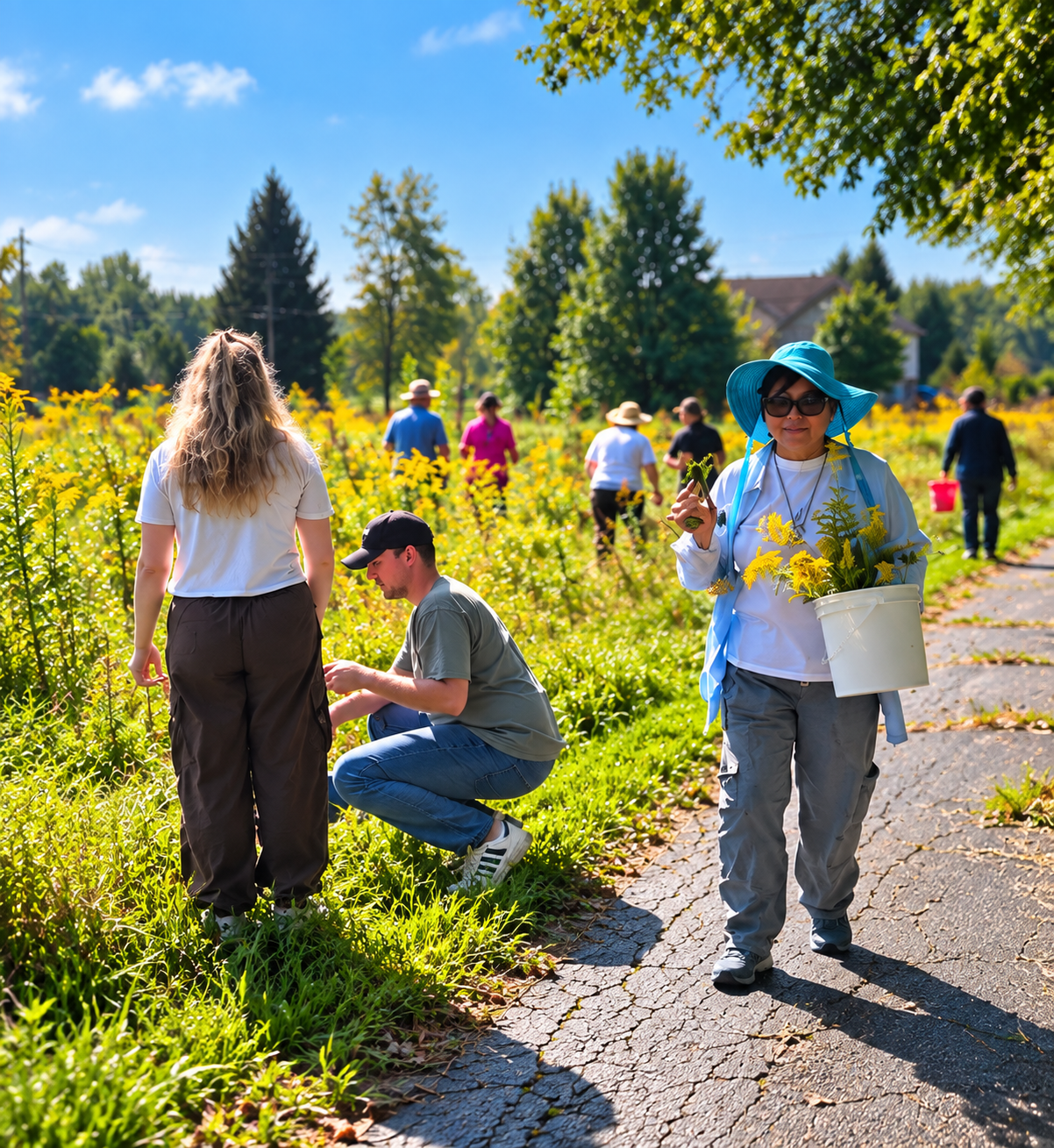 Central Ohio Ohara Ikebana students gathering plant materials outdoors for a Moribana lesson in Ostrander, Ohio.