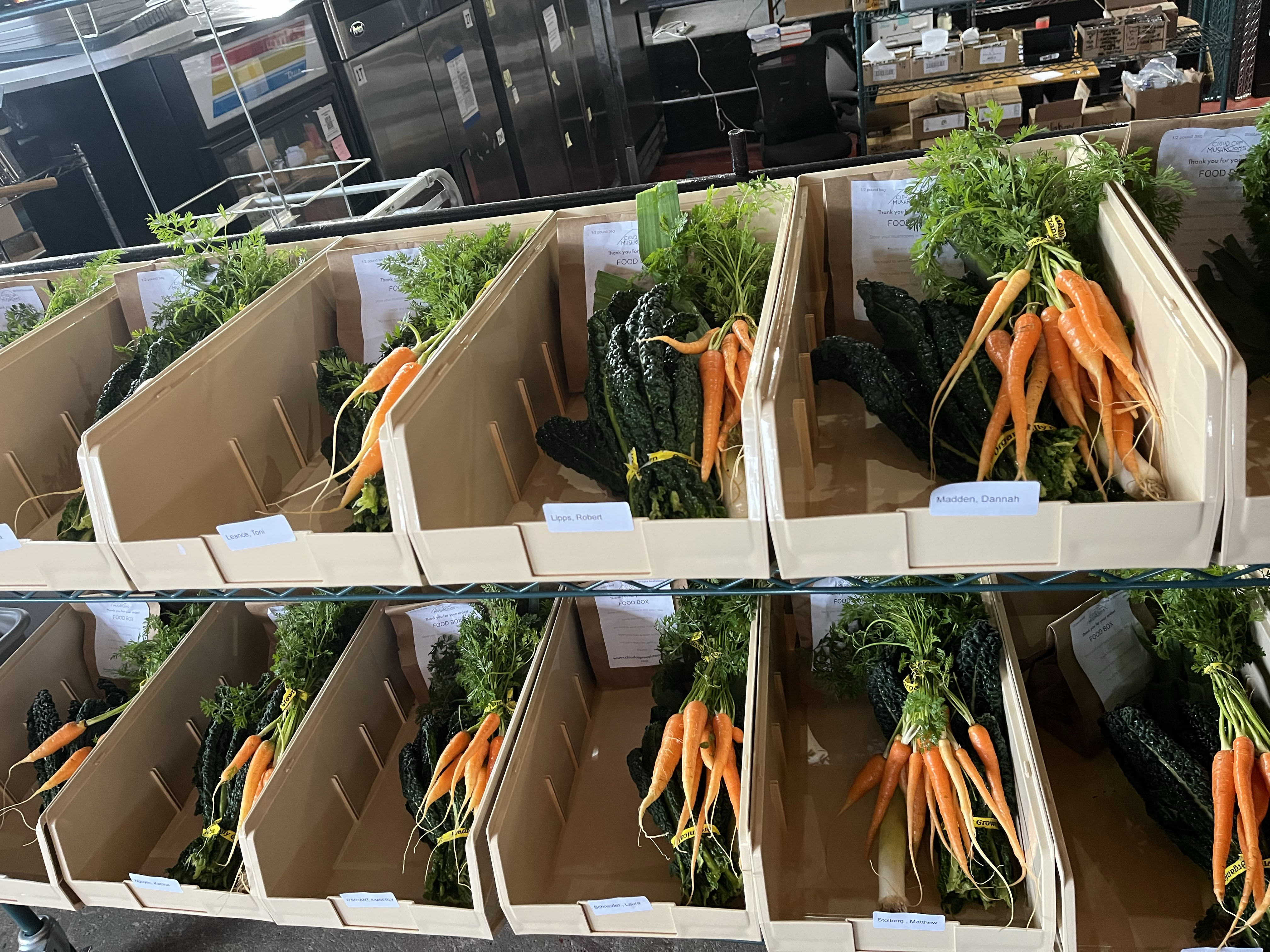 Weekly Neighbor's Garden fruit and vegetable boxes packed with local carrots and kale