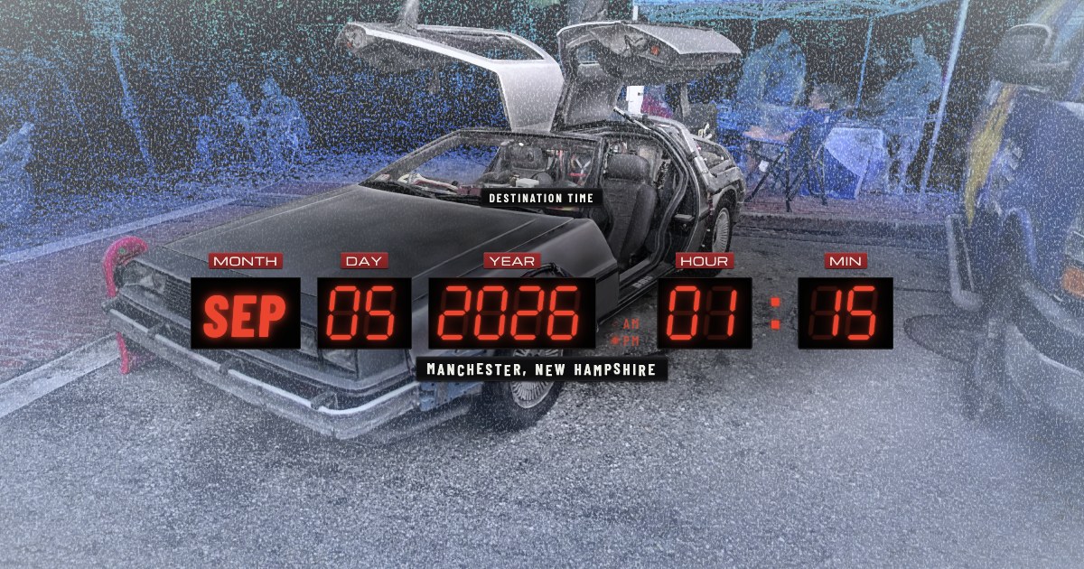 The scanned DeLorean time machine arriving on a Manchester street, under a red time-circuit readout of September 5, 2026