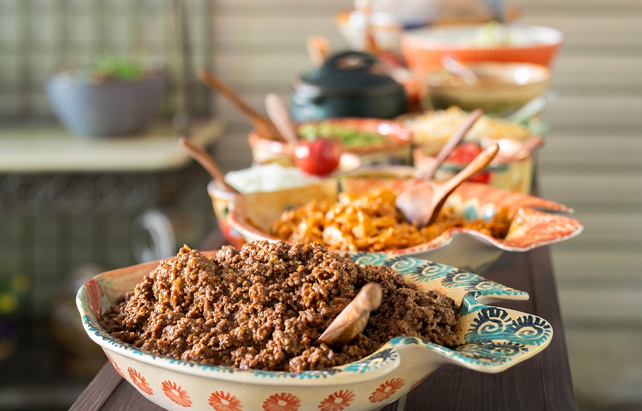 Dinner food in various dishes