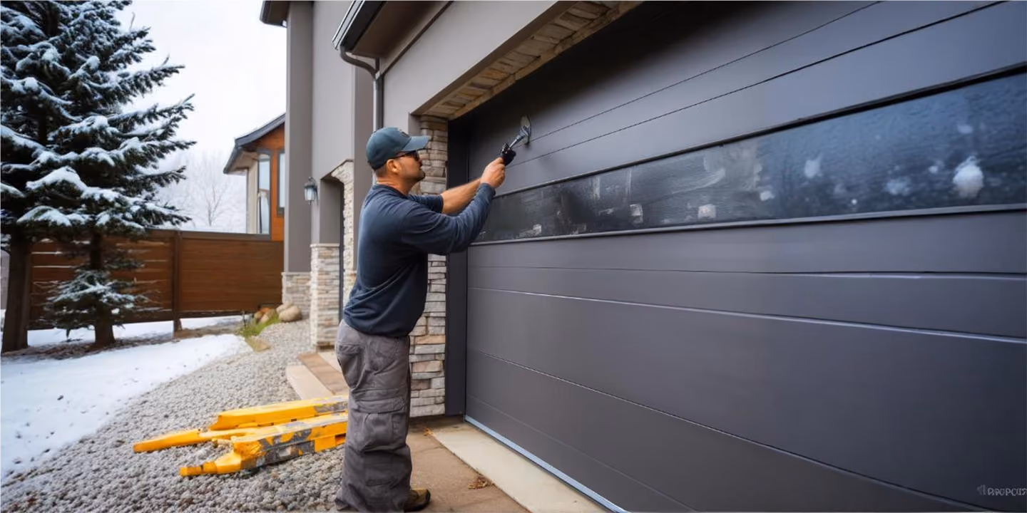 A professional inspecting garage door for maintenance