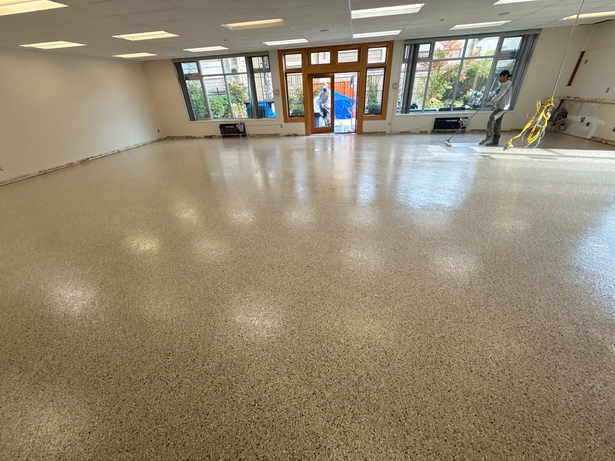 Driftwood Evolution epoxy flake floor by Cascade Concrete Coatings