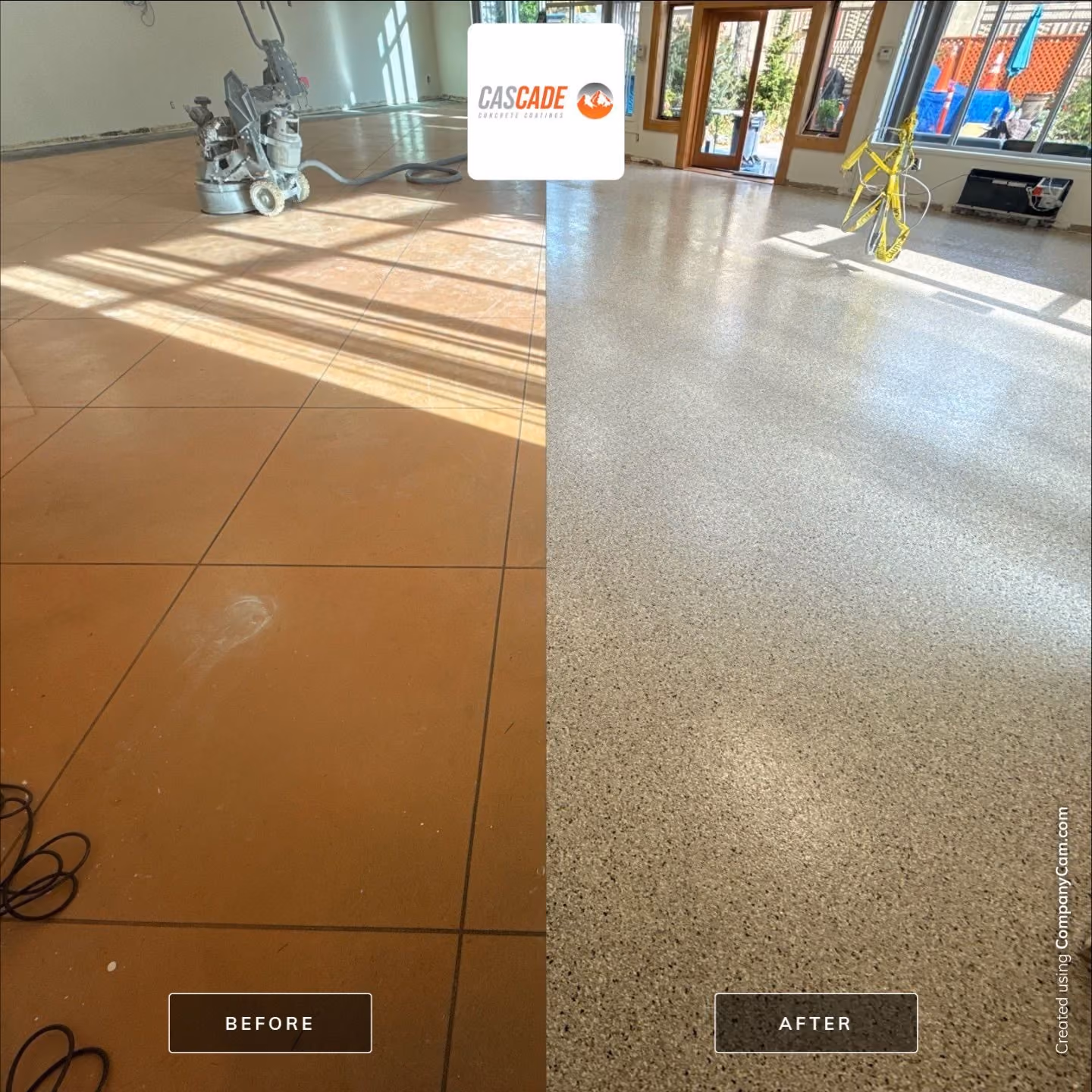 Driftwood Evolution epoxy flake floor by Cascade Concrete Coatings