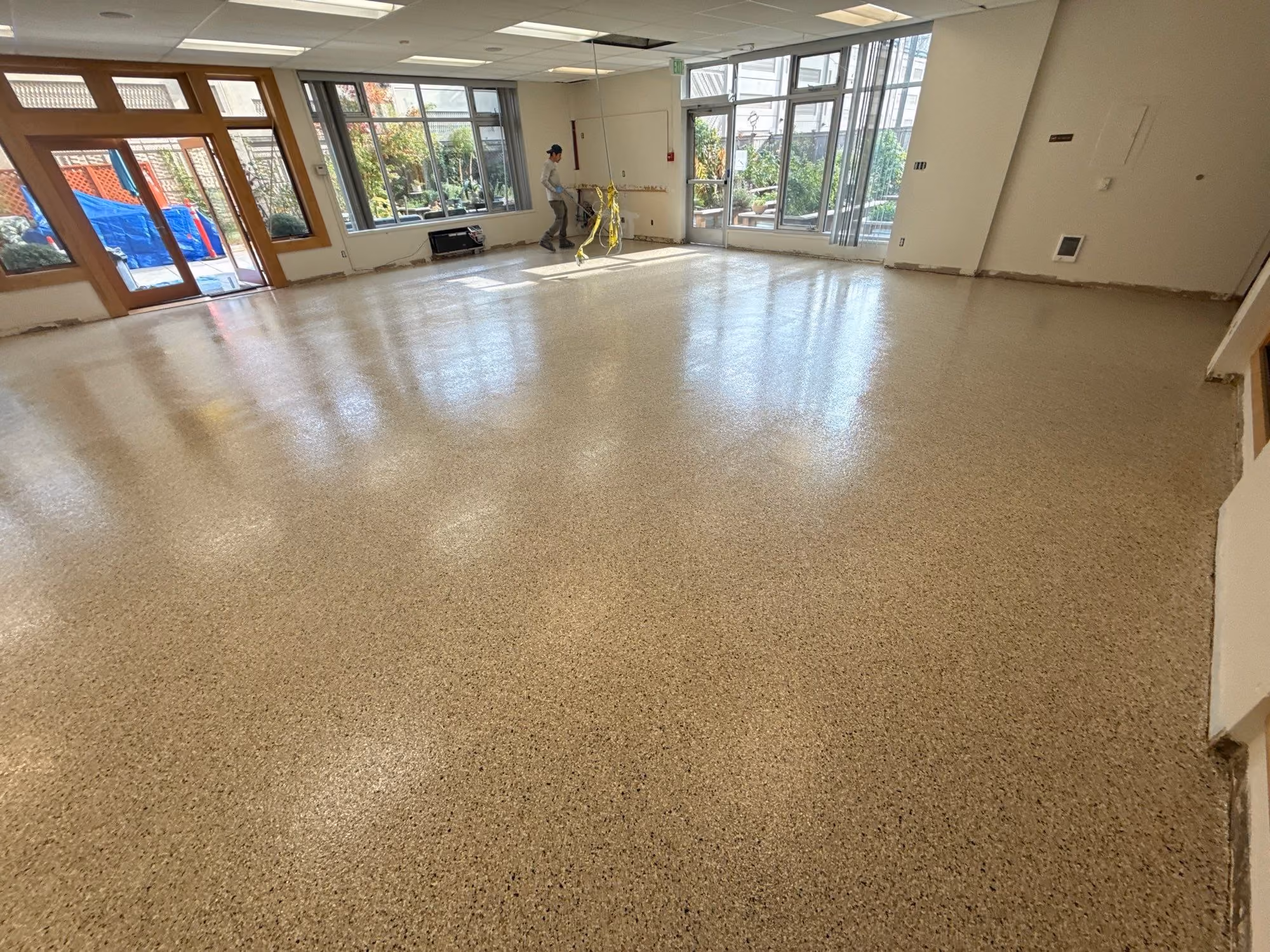 Driftwood Evolution epoxy flake floor by Cascade Concrete Coatings