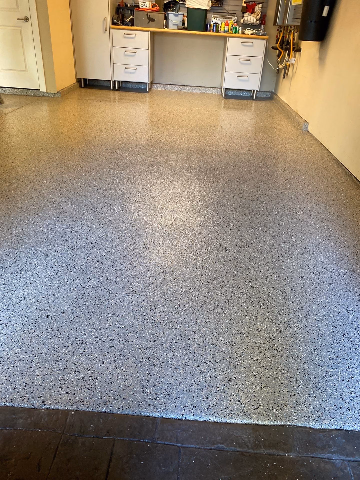 Mediterranean Evolution epoxy flake floor by Cascade Concrete Coatings