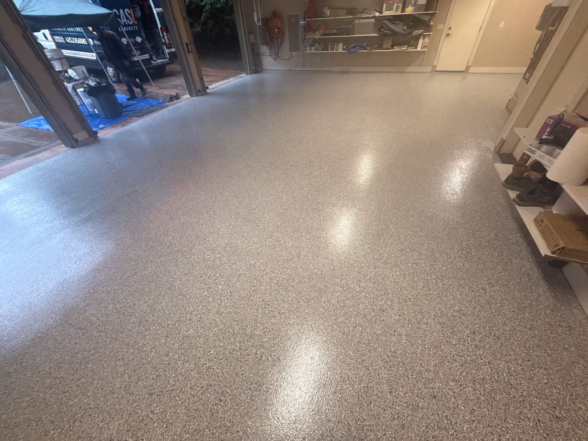 Tidal Wave Evolution epoxy flake floor by Cascade Concrete Coatings