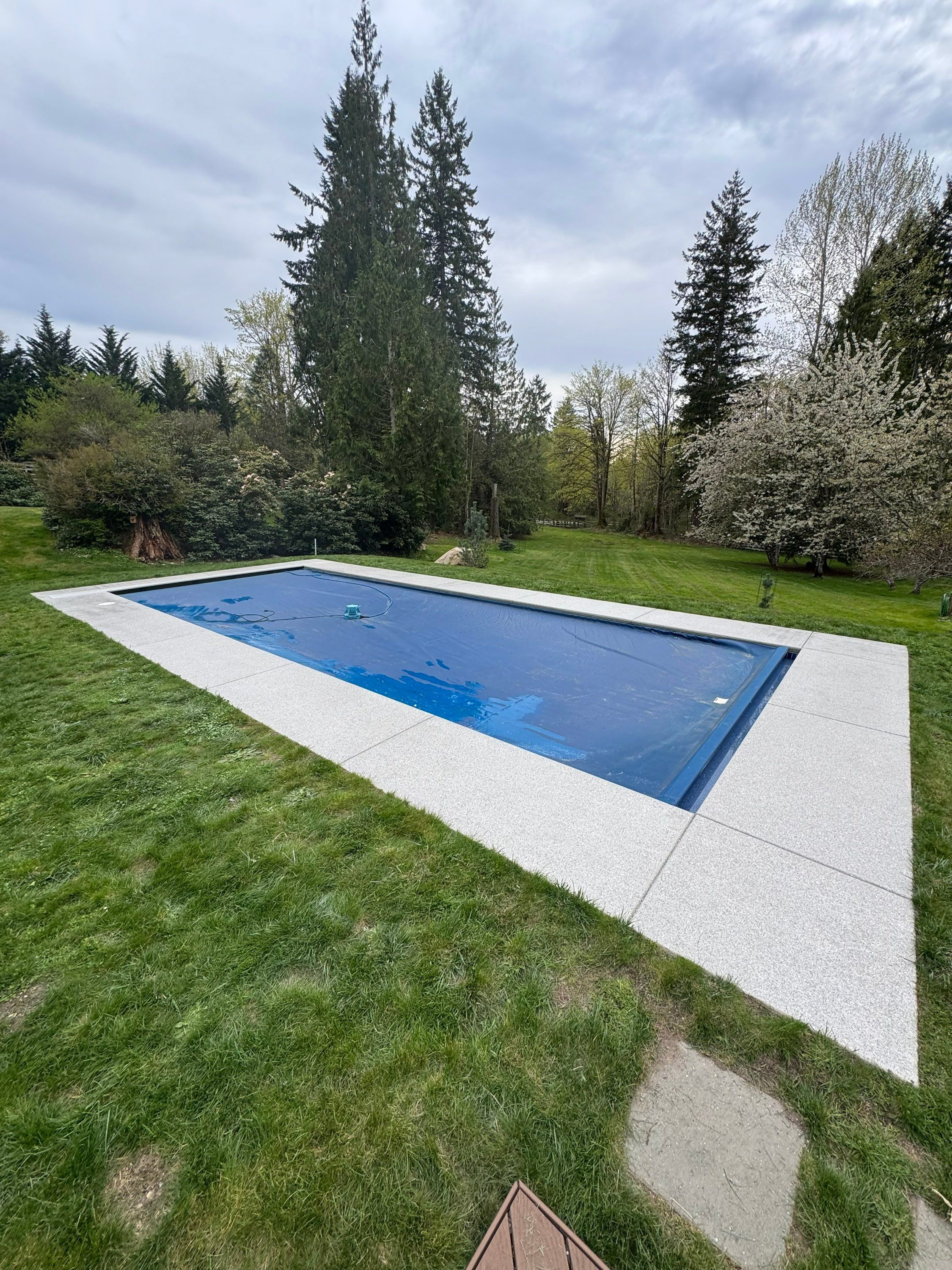 Quartzite flake polyurea pool deck surrounded by lawn and evergreens in Redmond