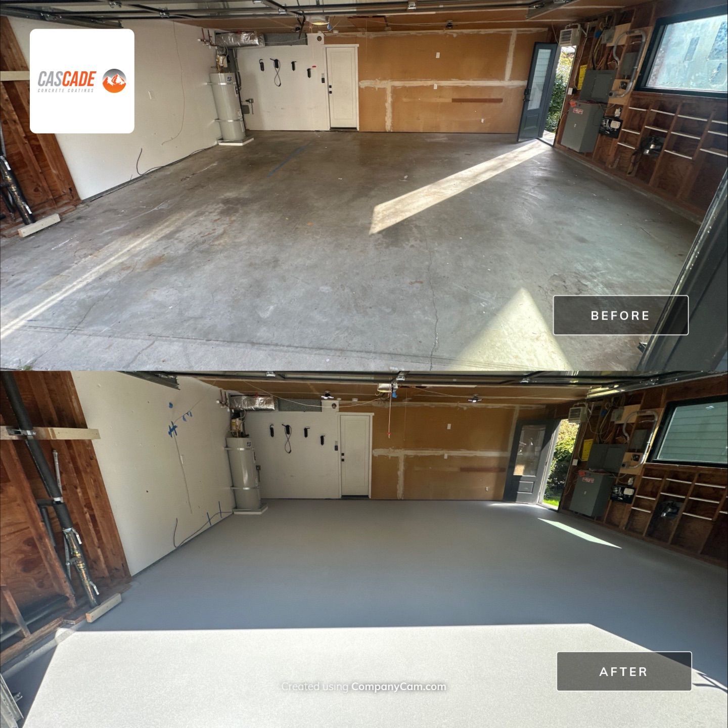 Before and after of a Seattle garage floor coated in grey polyurea flake