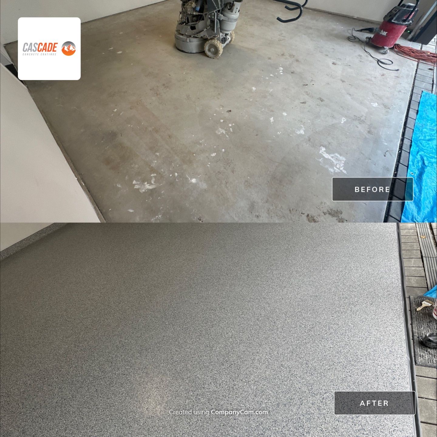 Before and after of a Kirkland garage floor coated in Tidal Wave flake polyurea