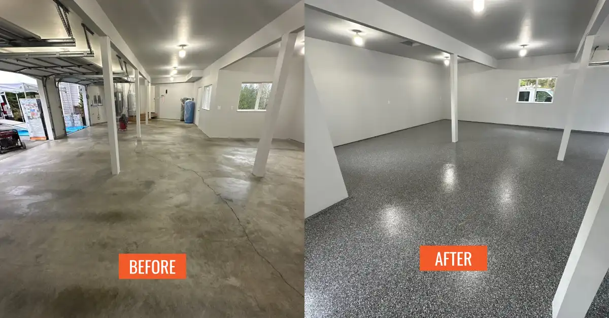 Before and after of a Snohomish three-car garage coated in Smoke flake polyurea