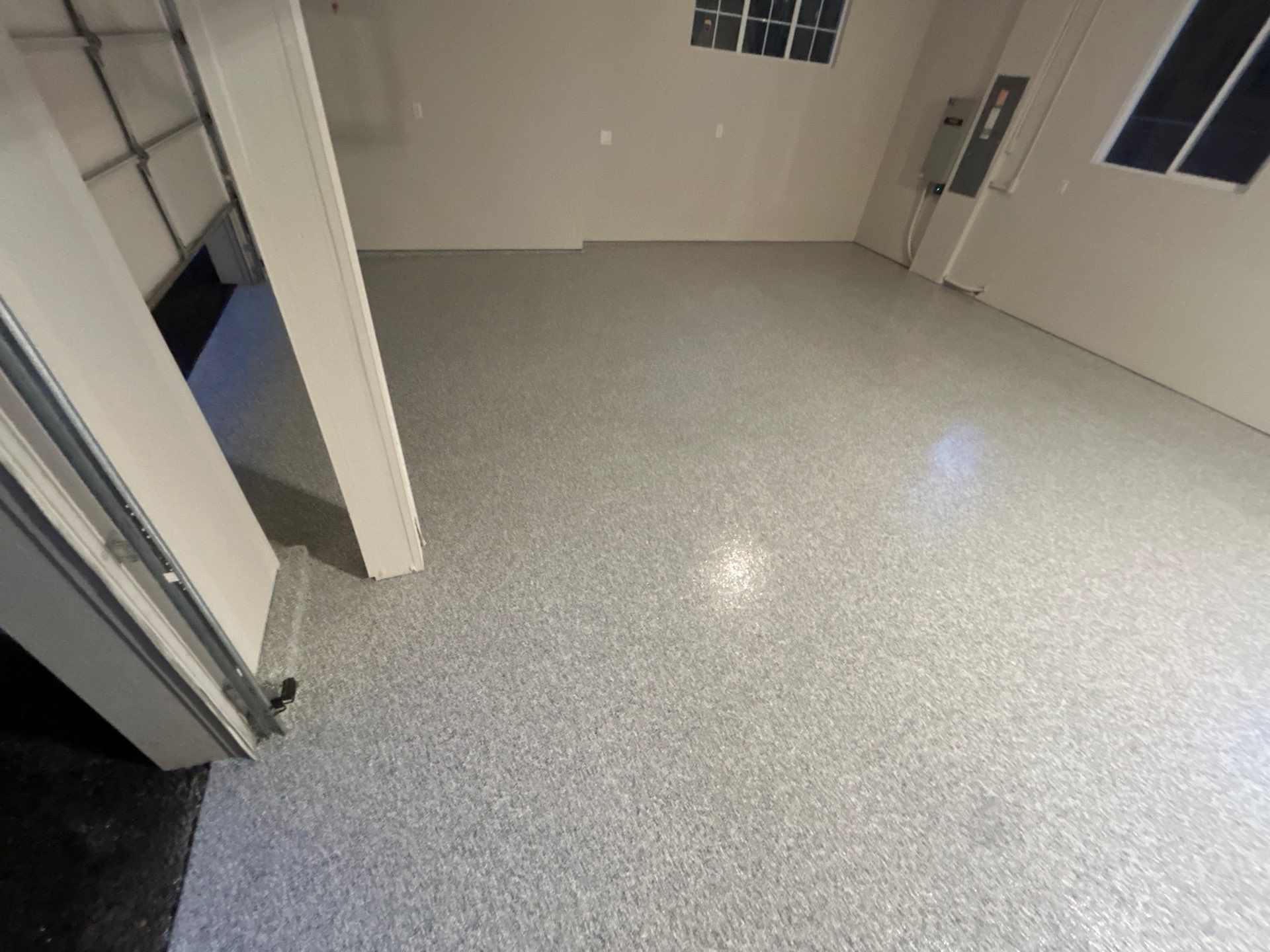 Tidal Wave flake polyurea garage floor in Sammamish with white trim and side door