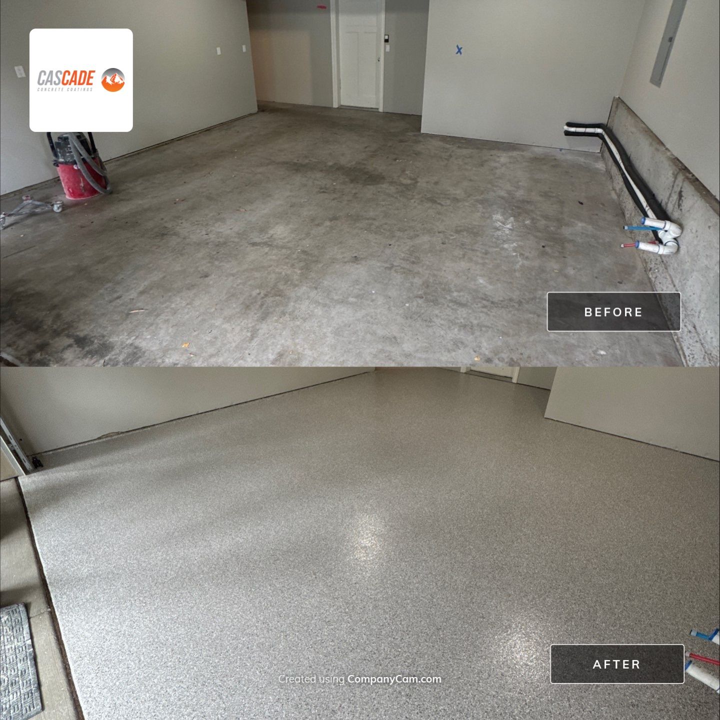 Before and after of a stained Seattle garage coated in Mount Everest polyurea flake
