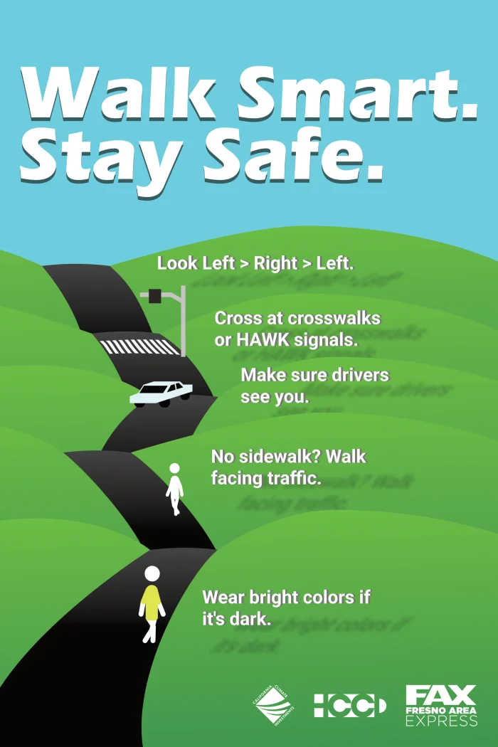 Walk Smart. Stay Safe: Look Left-Right Left, Cross at Crosswalks or HAWK signals, Make sure drivers see you, walk facing traffic if there's no sidewalk, wear bright colors