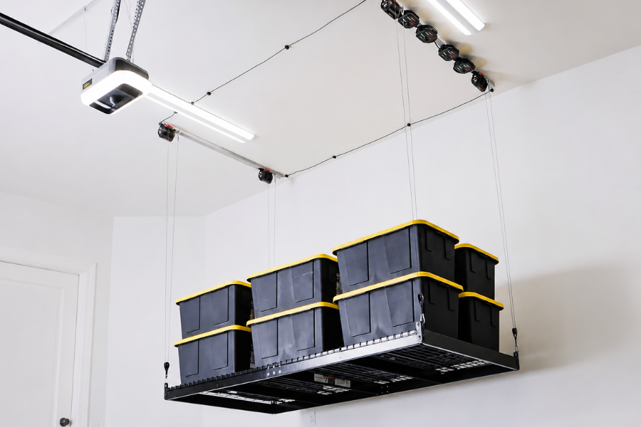 Motorized overhead garage storage lift with black storage bins and yellow lids suspended from the ceiling in a clean garage.