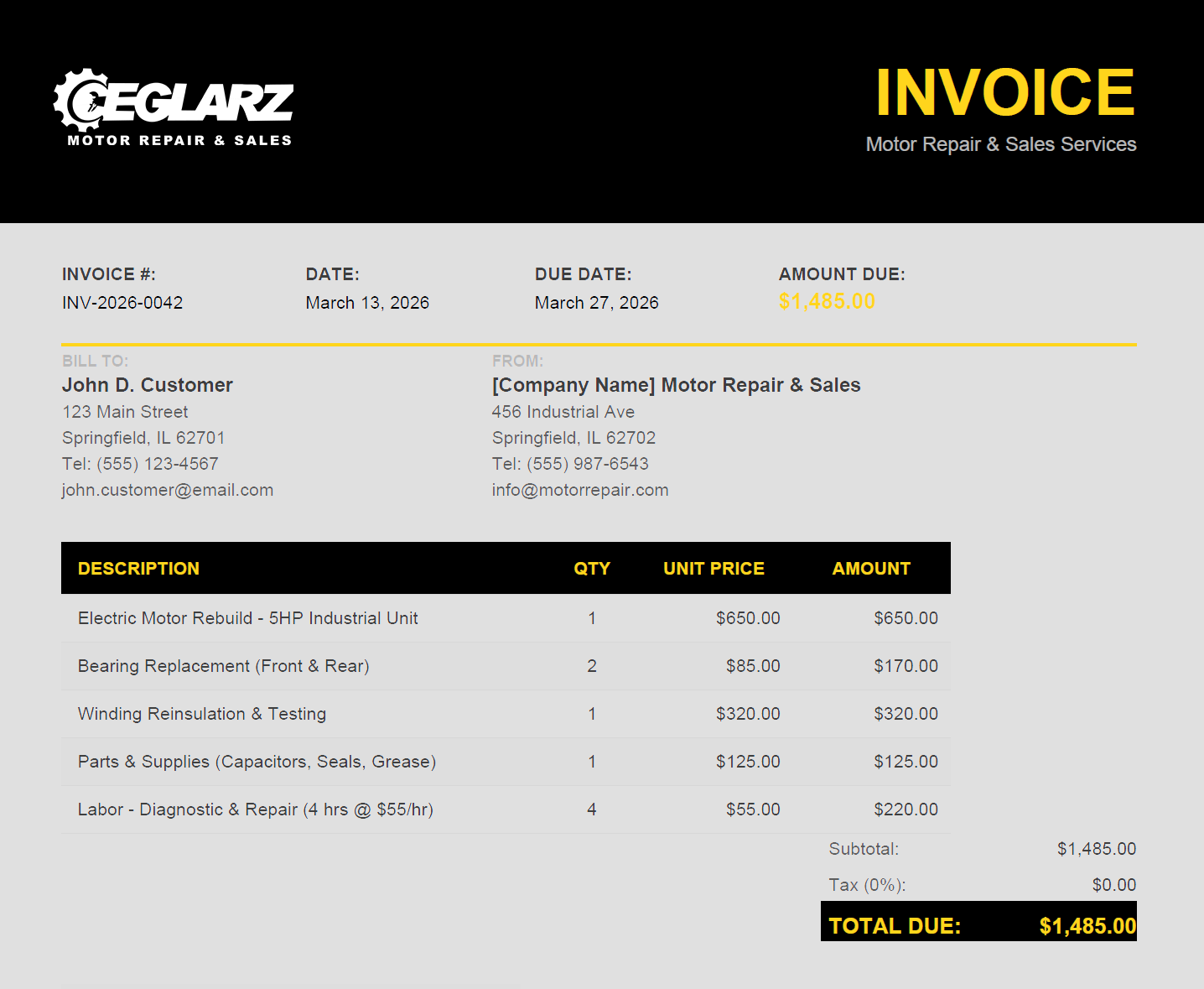 Ceglarz Motors branded invoice design by Tritonmark