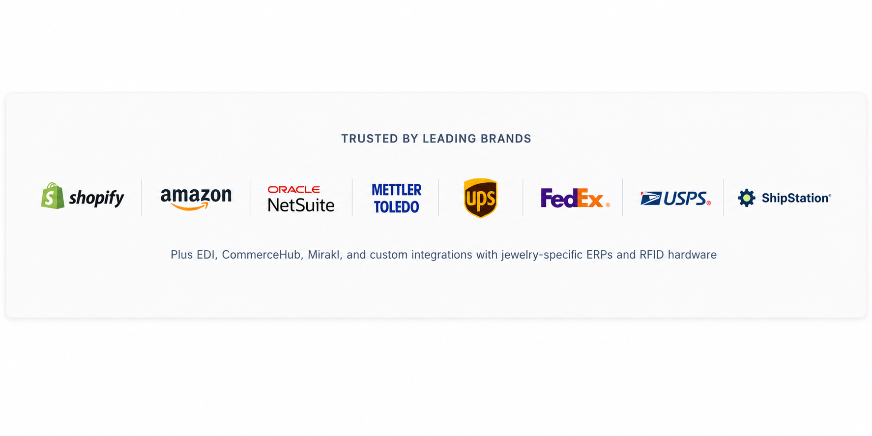 Trusted by leading brands — Shopify, Amazon, Oracle NetSuite, Mettler Toledo, UPS, FedEx, USPS, ShipStation. Plus EDI, CommerceHub, Mirakl, and custom integrations with jewelry-specific ERPs and RFID hardware