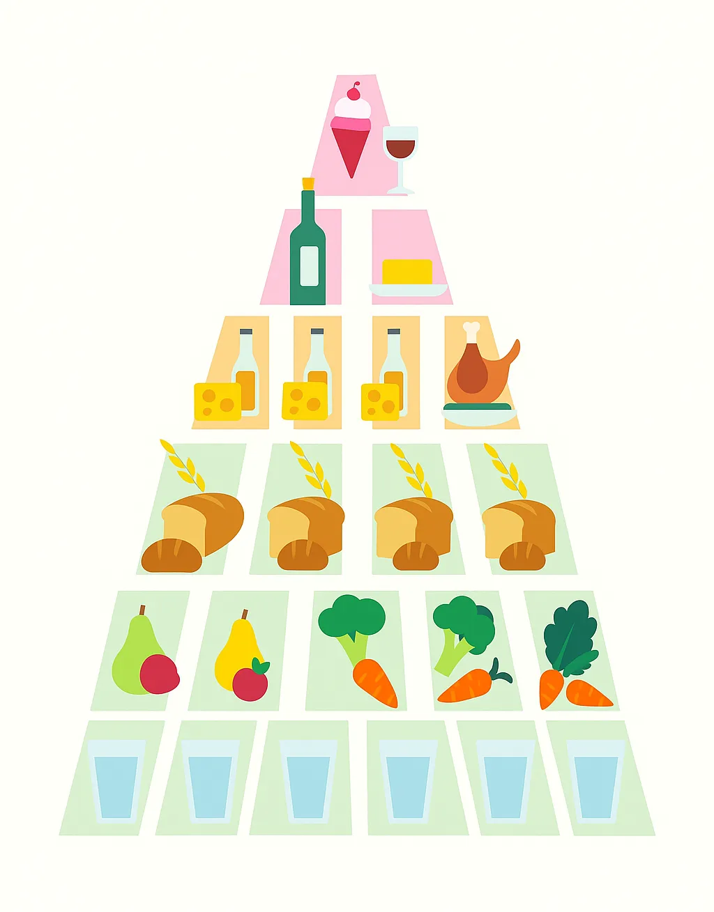 Illustration einer Ernährungspyramide mit Wasser, Gemüse, Obst, Getreide, Milchprodukten, Fleisch, Öl und Süßigkeiten zur Darstellung ausgewogener Ernährung.