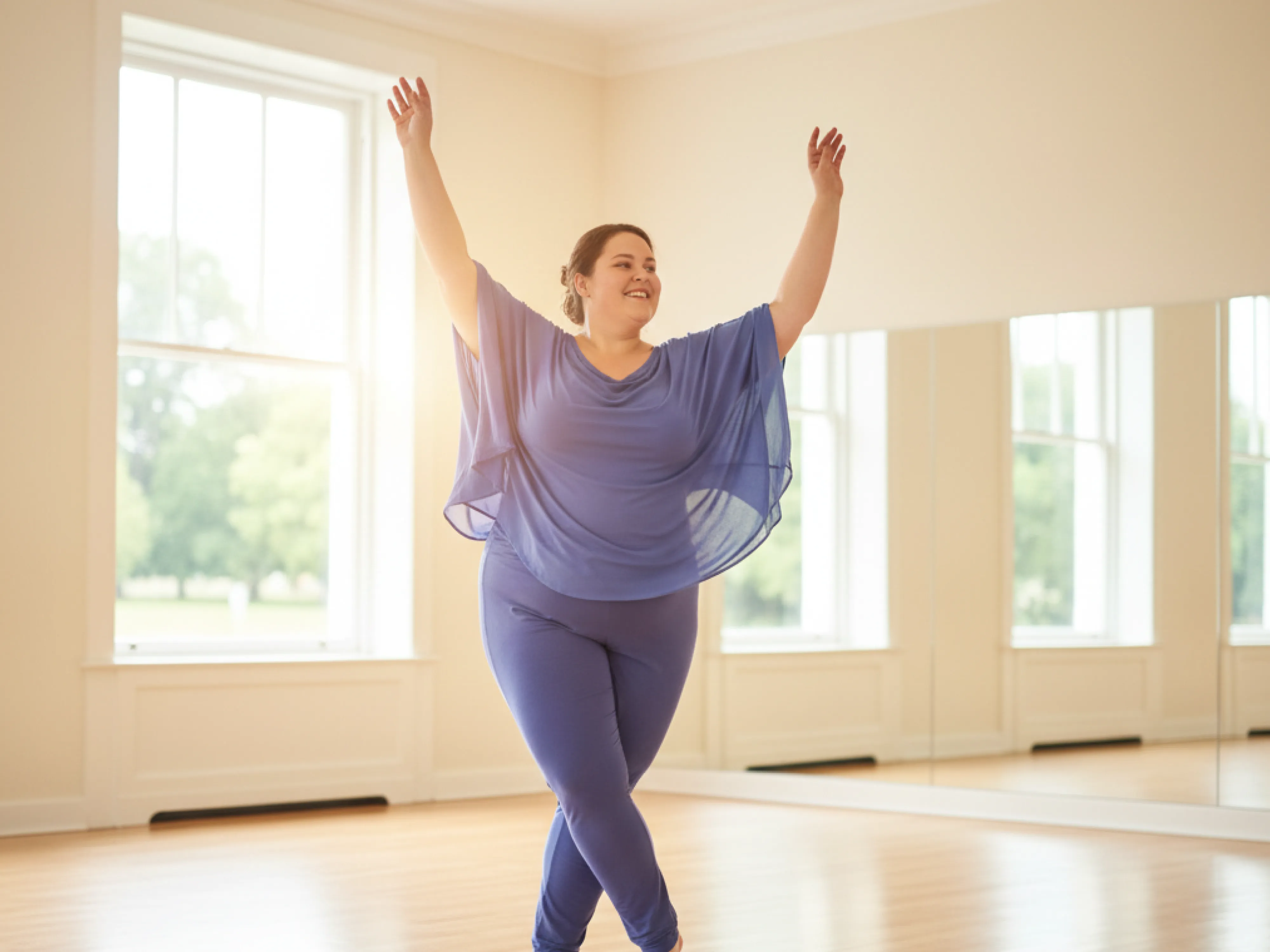 Abnehmen mit Tanzen: Lächelnde Frau tanzt im hellen Studio mit erhobenen Armen.