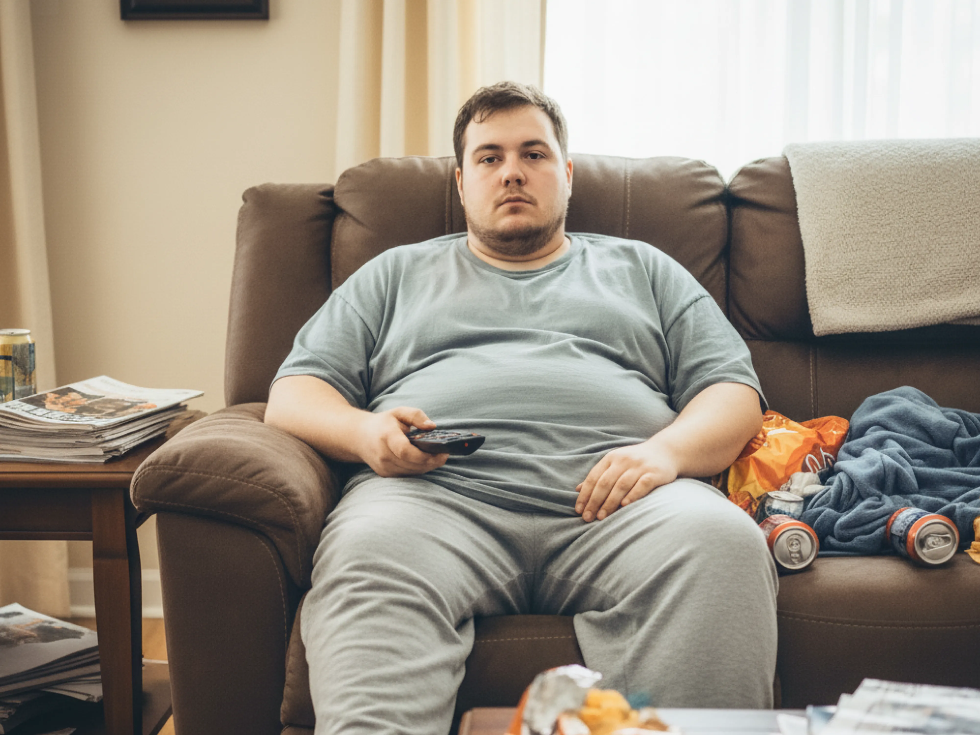 Mann sitzt im Wohnzimmer auf dem Sofa mit Snacks und einer Fernbedienung als Symboldbild für einen Bewegungsmangel bei Übergewicht.