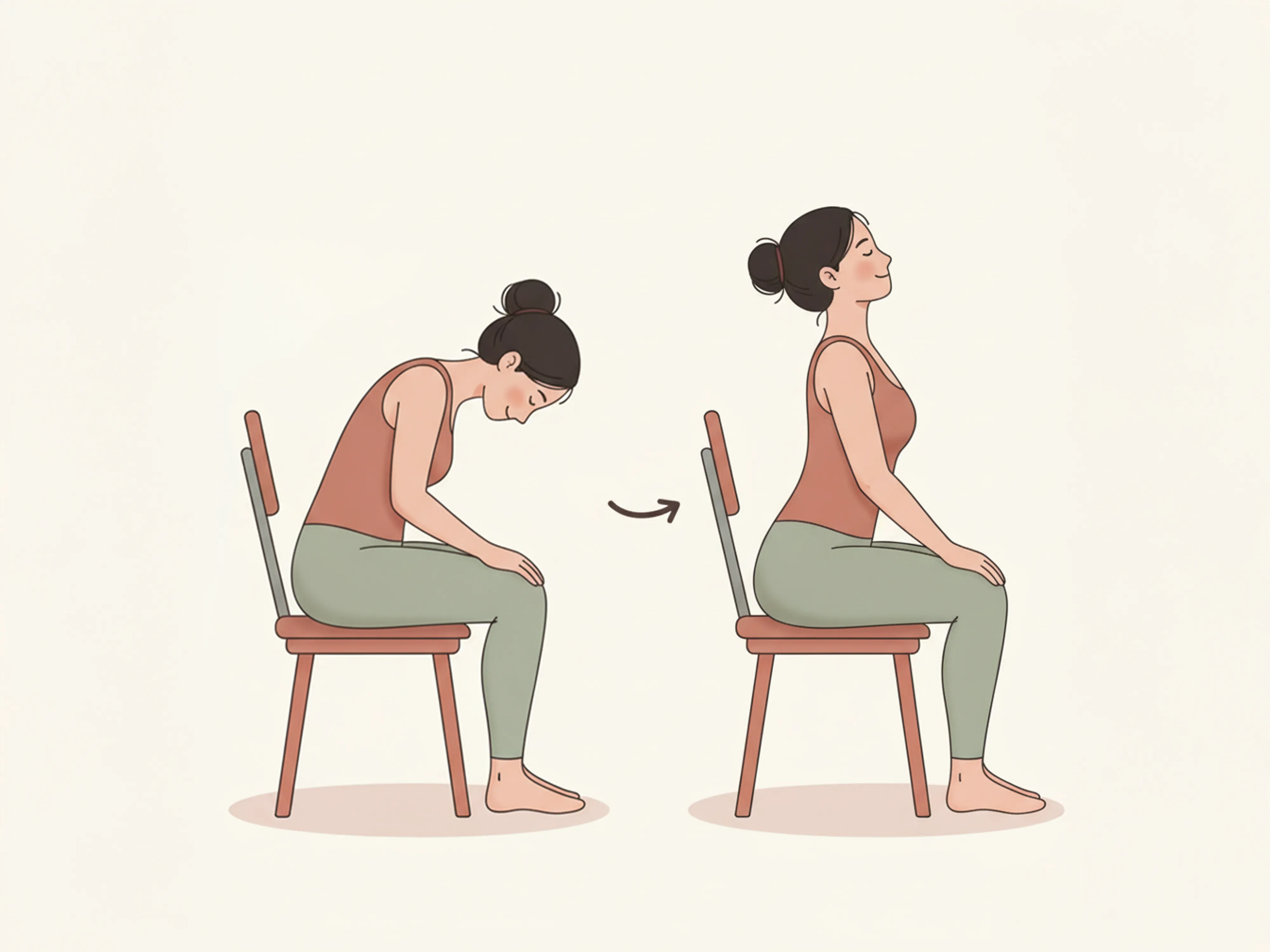 Illustration einer Frau, die auf einem Stuhl Yoga-Übungen macht und zeigt, wie Abnehmen mit Yoga auch im Sitzen unterstützt werden kann.
