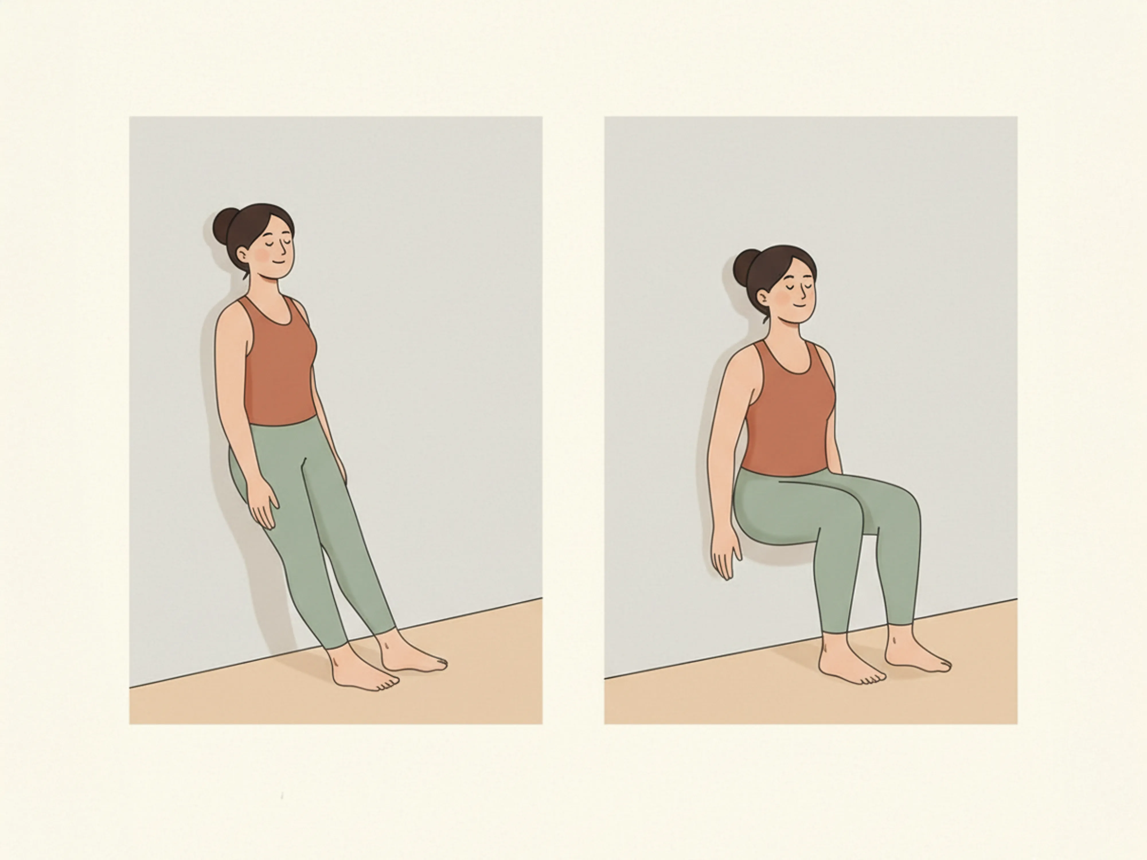 Illustration einer Frau, die eine Wandübung ausführt und zeigt, wie Abnehmen mit Yoga durch einfache Wandpositionen unterstützt werden kann.