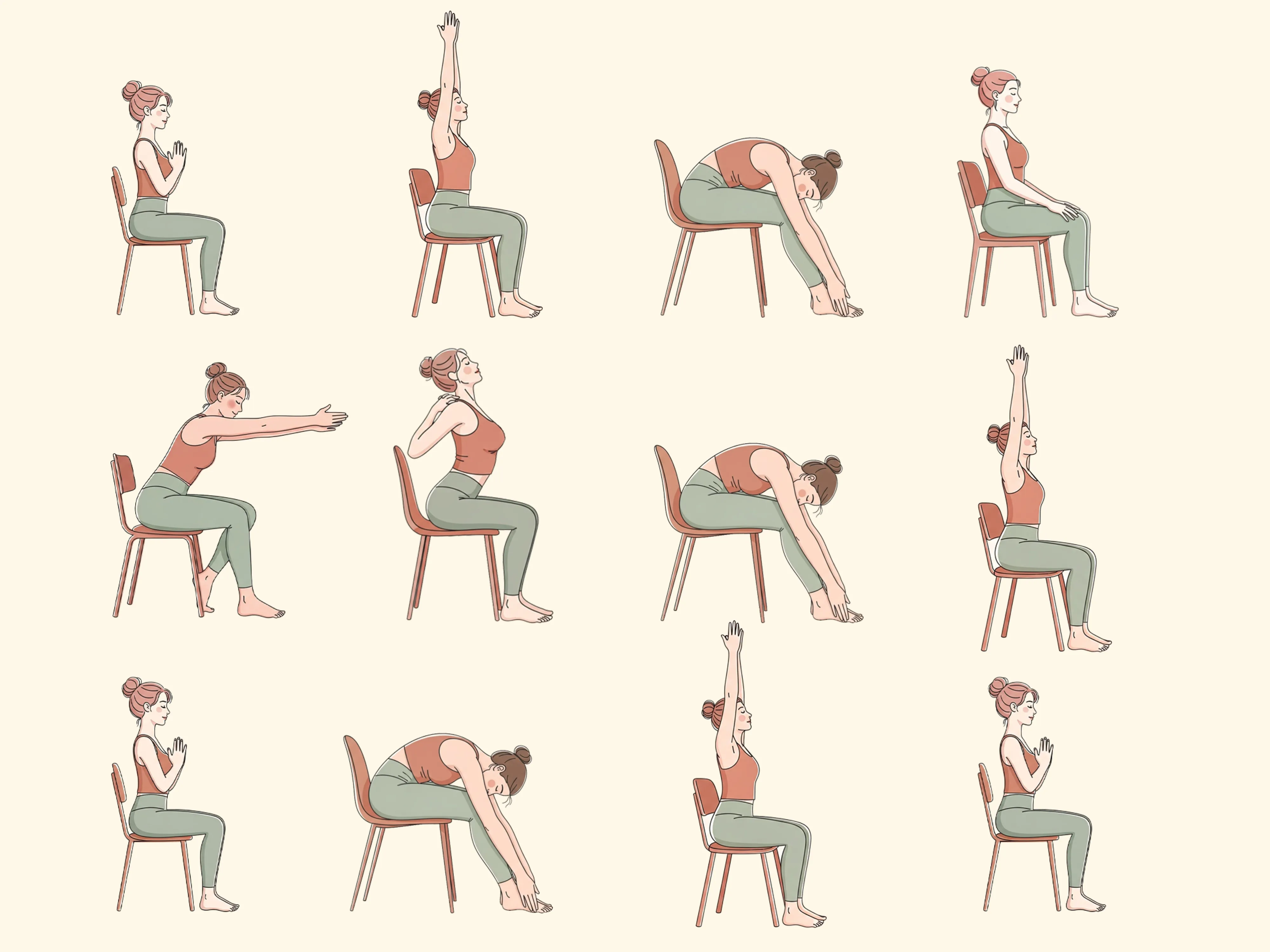 Illustration verschiedener einfacher Stuhlübungen, die zeigen, wie Abnehmen mit Yoga durch sanfte Bewegungen und Dehnungen unterstützt werden kann.