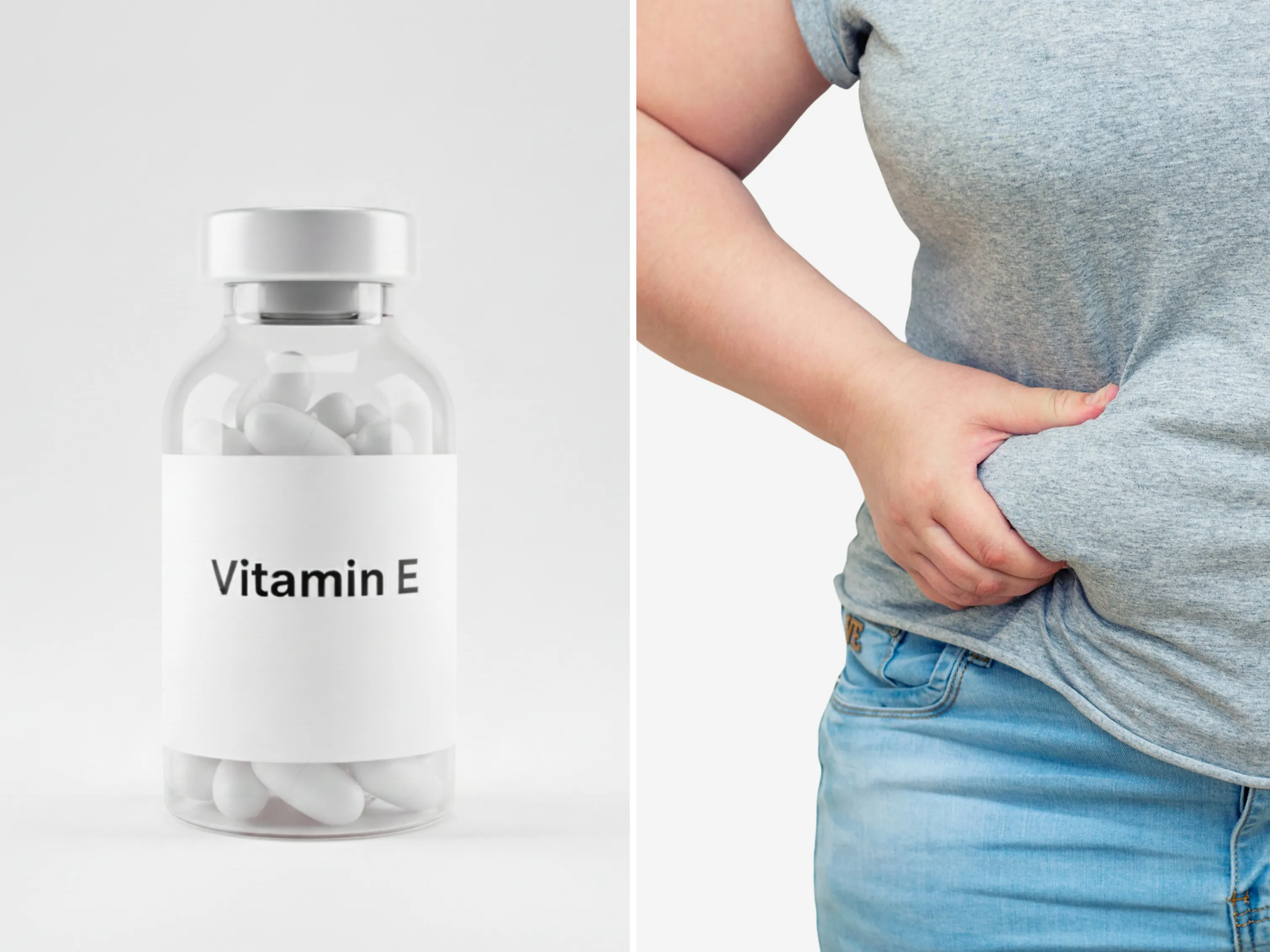 Vitamin-E-Kapseln neben Person mit Bauchfett als Symbol für Gewicht und Ernährung.