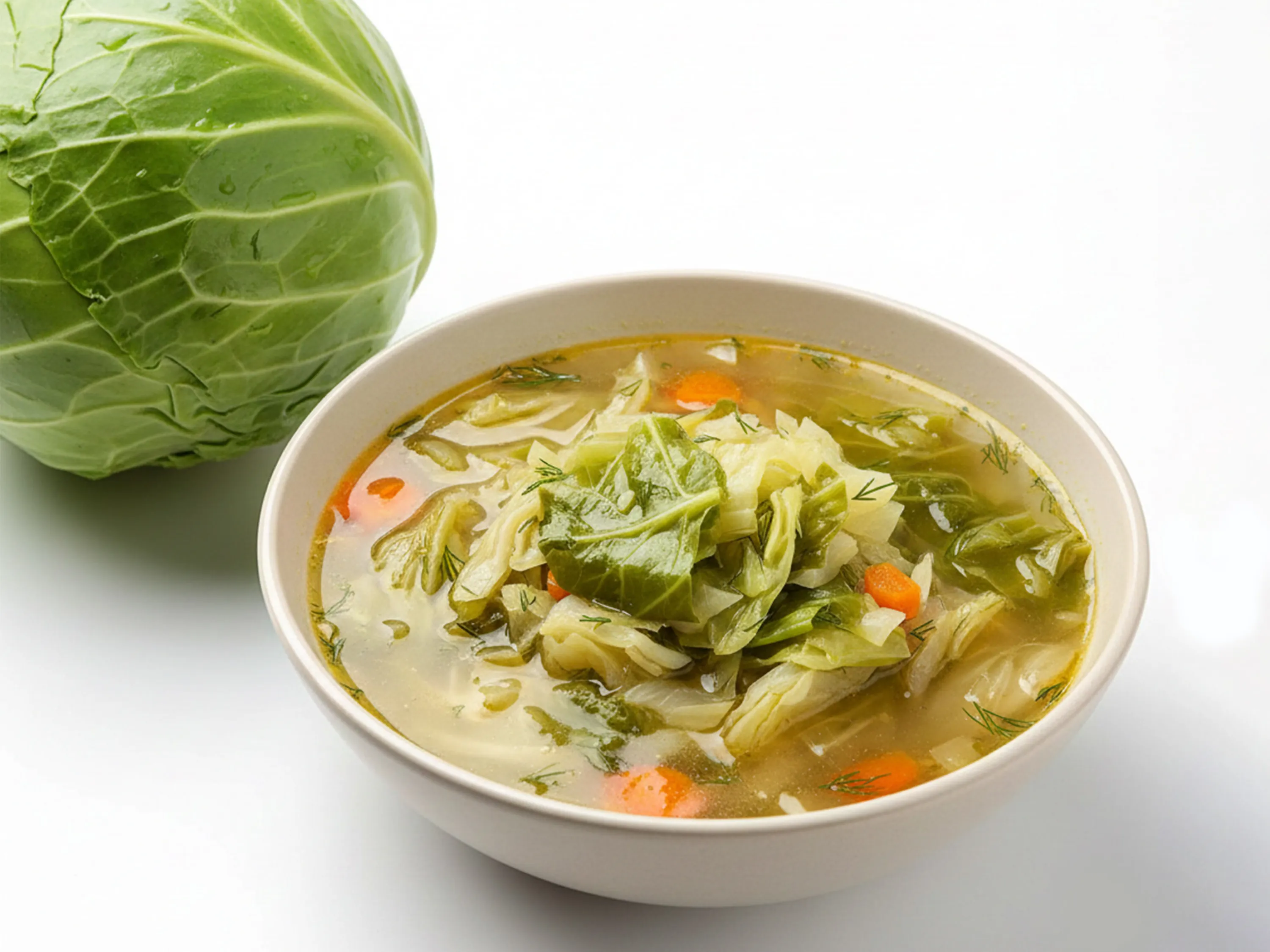 Schüssel Kohlsuppe mit Gemüse neben einem ganzen Weißkohl als Symbolbild für die Kohlsuppendiät.