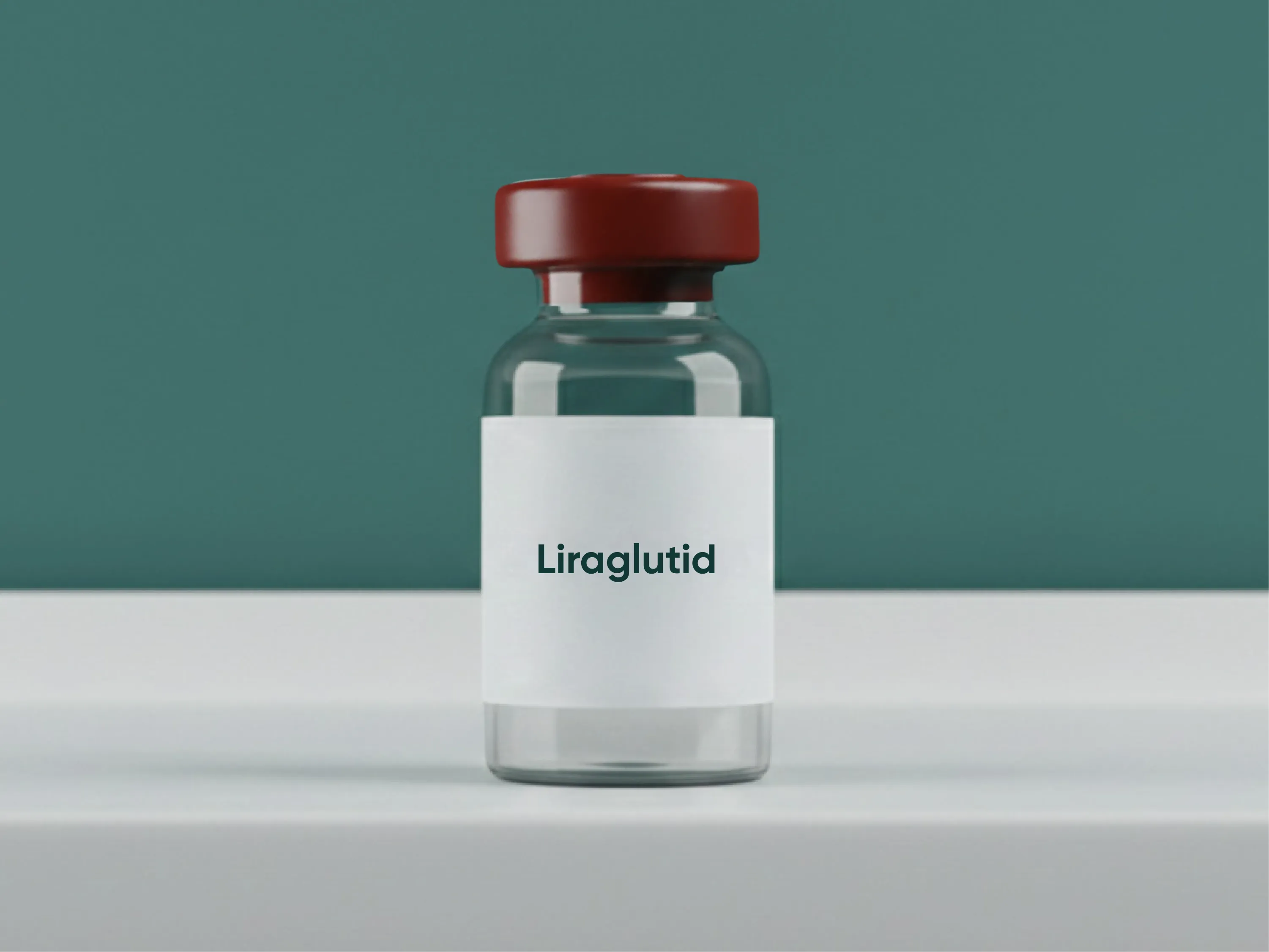 Glasfläschchen mit der Aufschrift Liraglutid auf weißem Tisch vor grünem Hintergrund als Darstellung eines Wirkstoffes zur Gewichtsreduktion.