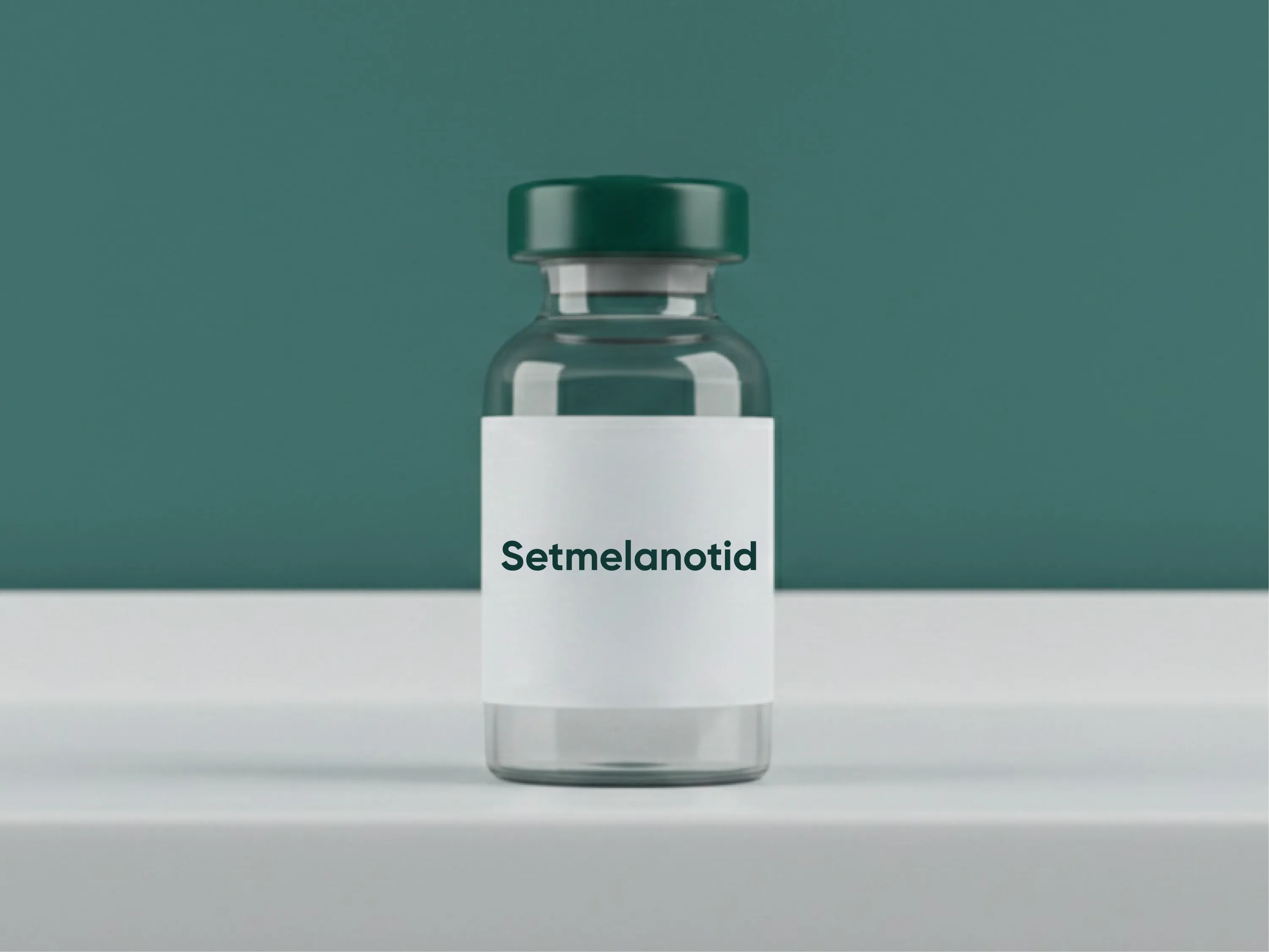 Medikamentenfläschchen mit der Aufschrift Setmelanotid vor grünem Hintergrund als Darstellung eines Wirkstoffs zur Behandlung genetisch bedingter Adipositas.