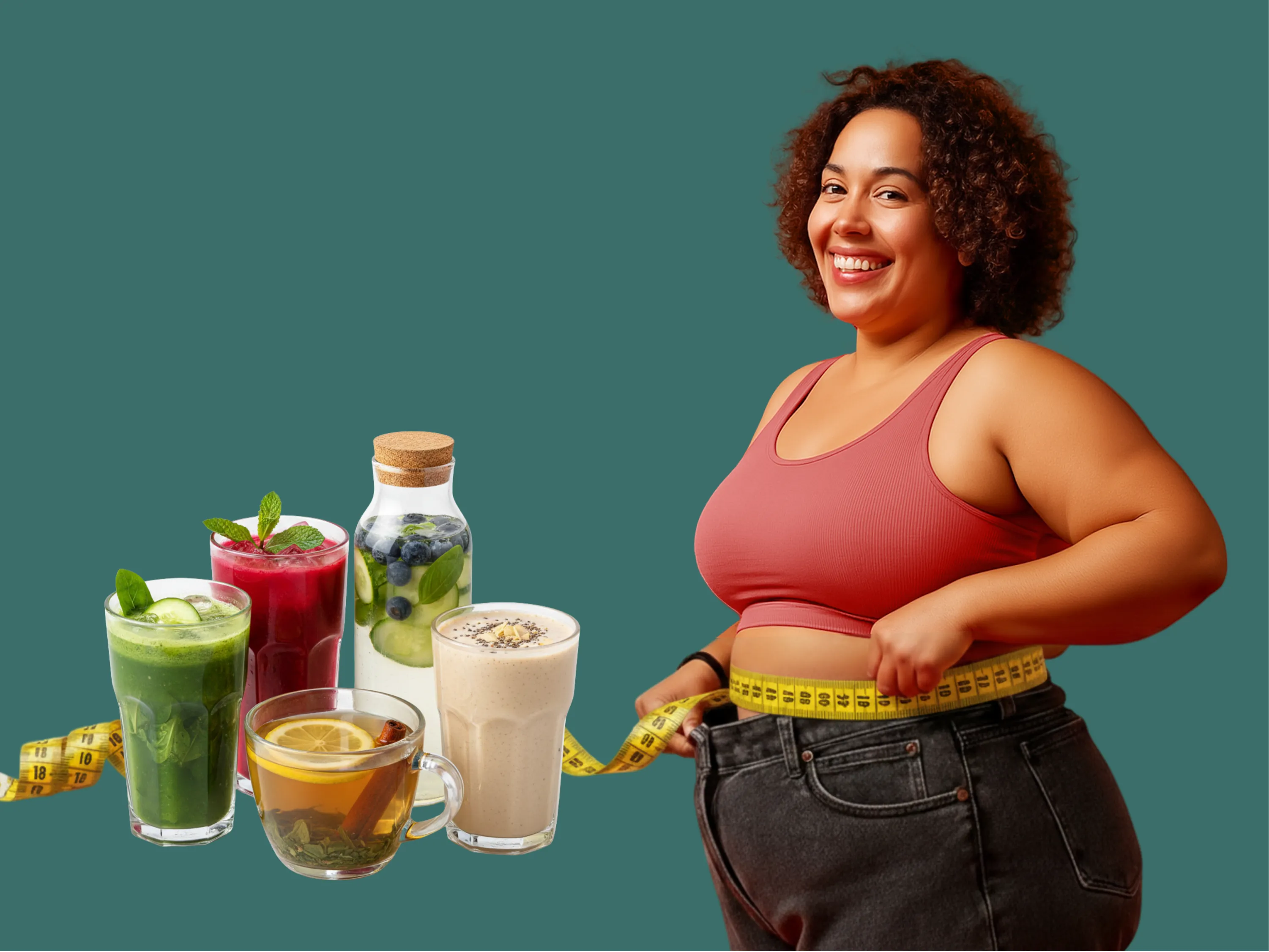 Getränke zum Abnehmen: Übergewichtige Frau misst ihren Bauchumfang neben Tee, Smoothies und aromatisiertem Wasser.