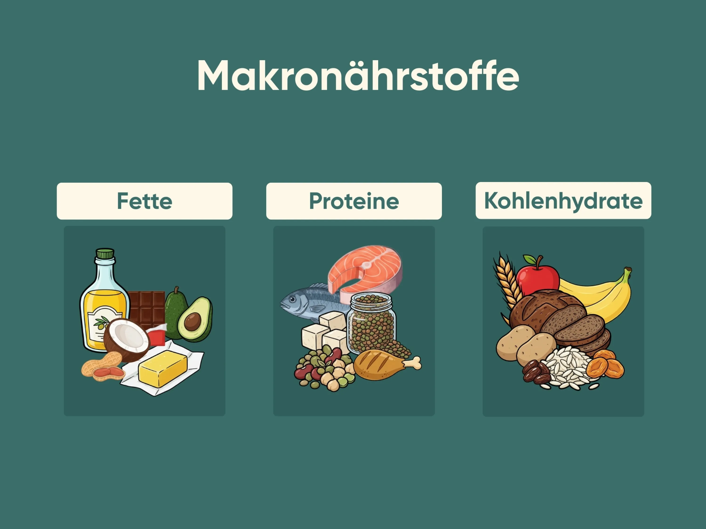 Infografik zu Makronährstoffen als wichtige Nährstoffe zum Abnehmen mit Beispielen für Fette, Proteine und Kohlenhydrate aus verschiedenen Lebensmitteln.