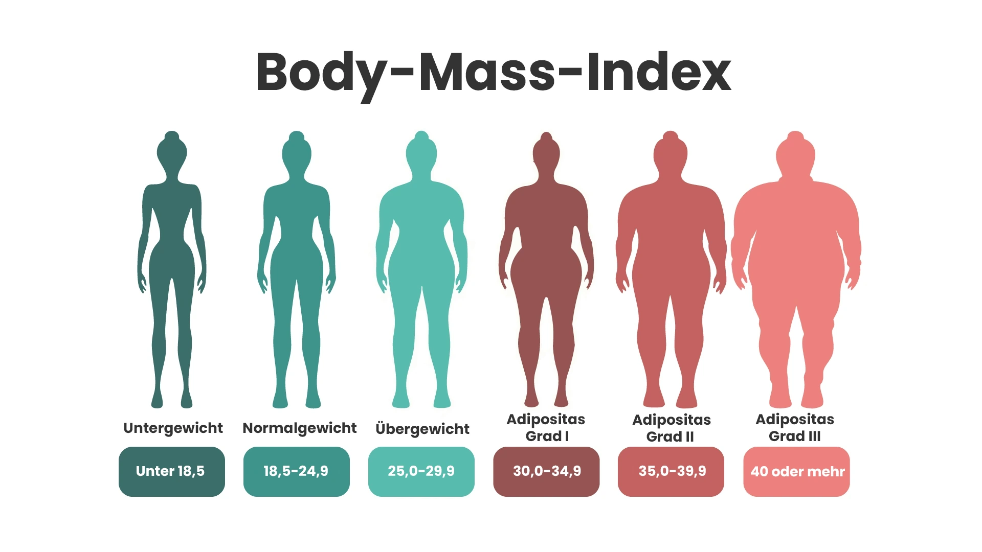 Infografik zum Body-Mass-Index (BMI) mit Einteilung von Untergewicht bis Adipositas als Orientierung für den Einsatz von Saxenda® bei Übergewicht und Adipositas.