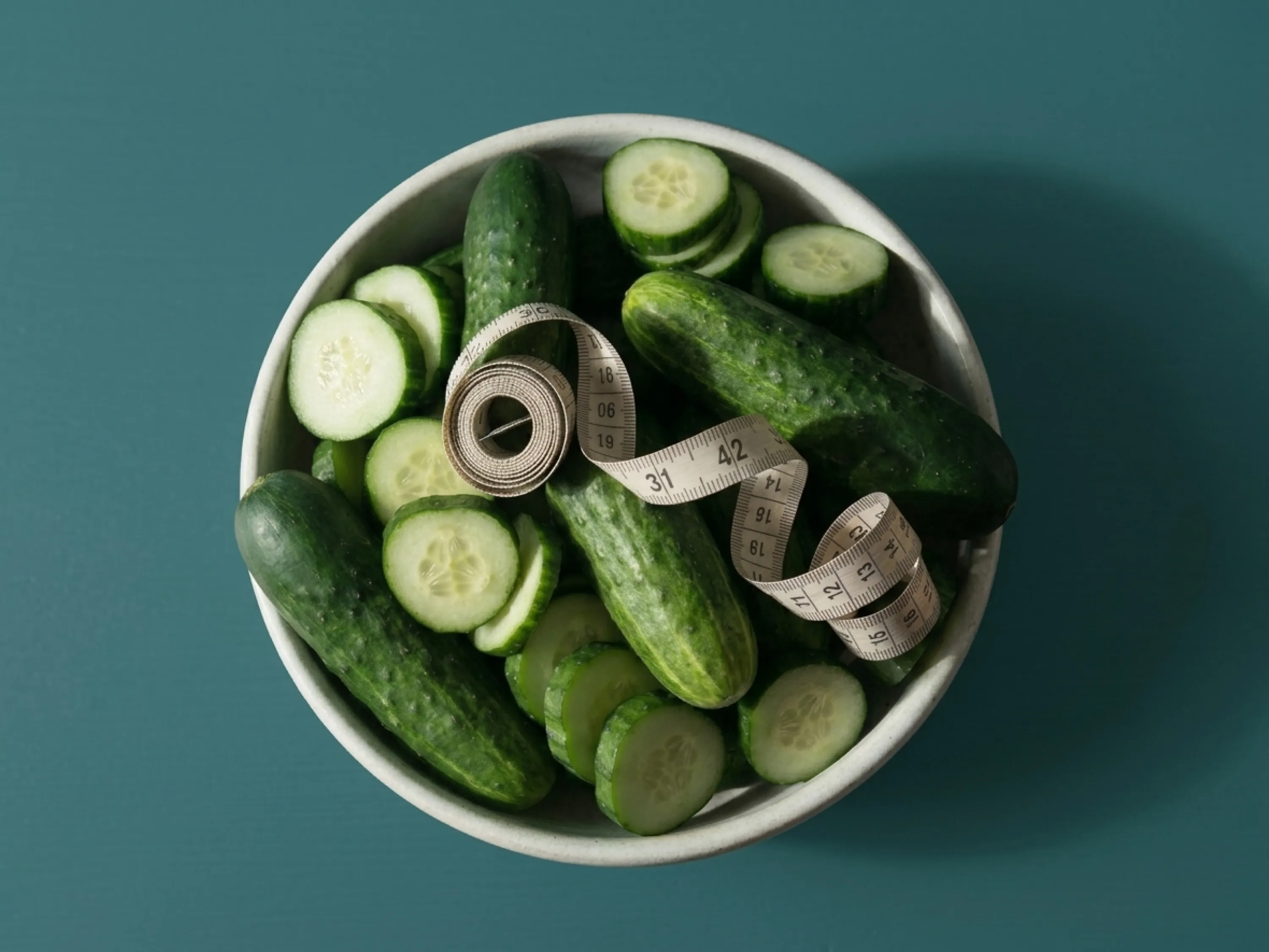 Schüssel mit frischen Gurken und Maßband, Symbol für Gurken-Diät zum Abnehmen.