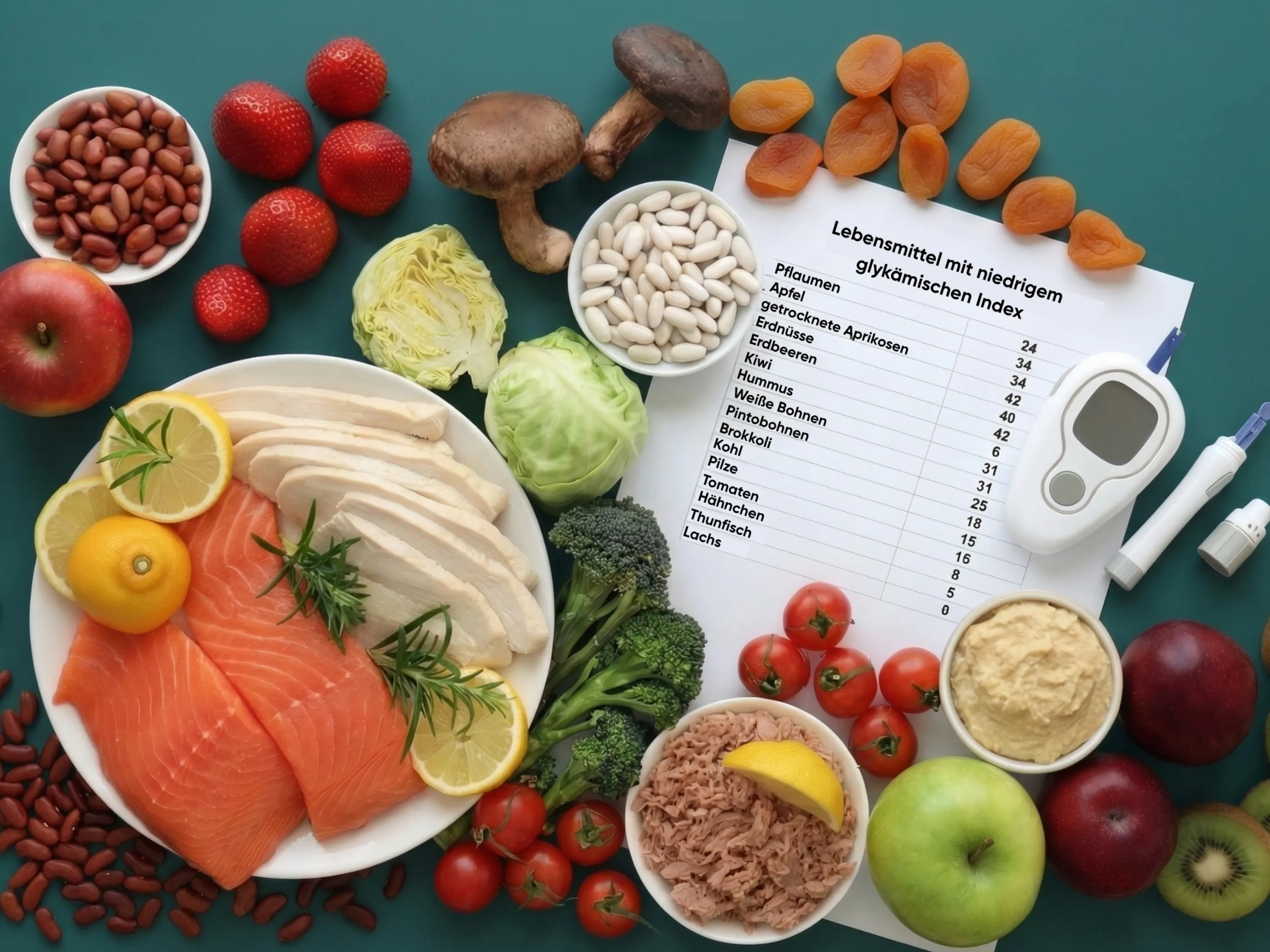 Verschiedene gesunde Lebensmittel wie Lachs, Hähnchen, Gemüse und Obst, angerichtet neben einer Tabelle mit dem glykämischen Index für die Montignac-Methode und einem Blutzuckermessgerät.