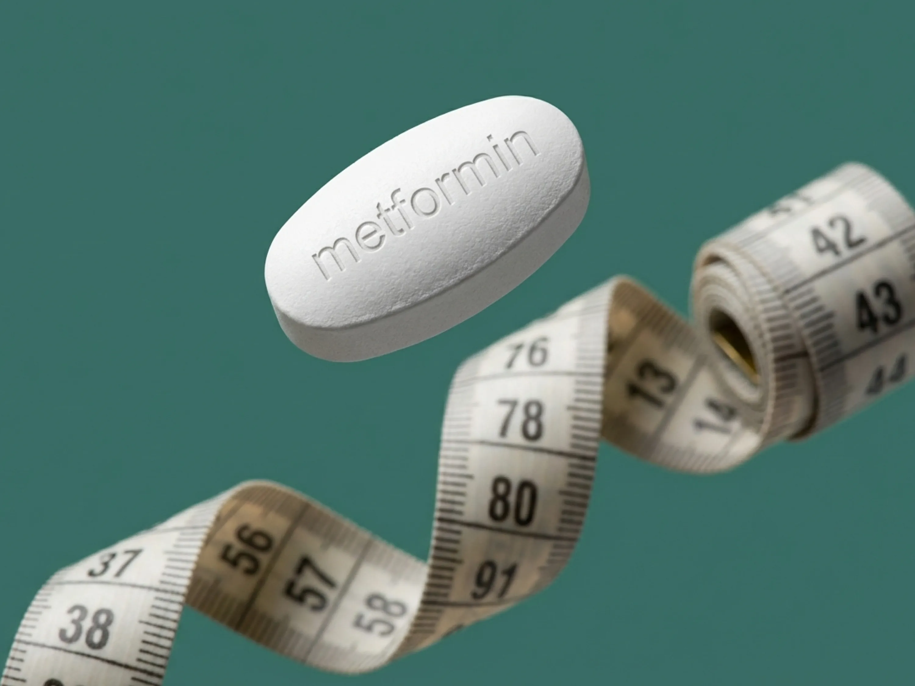Metformin Tablette schwebt über Maßband – Symbol für Abnehmen und Gewichtsverlust